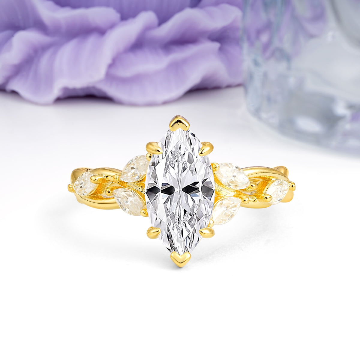 Elegant Forest Branch Multi Marquise Side Accent Long Marquise Cut Lab Diamond Engagement Ring - Additional view
