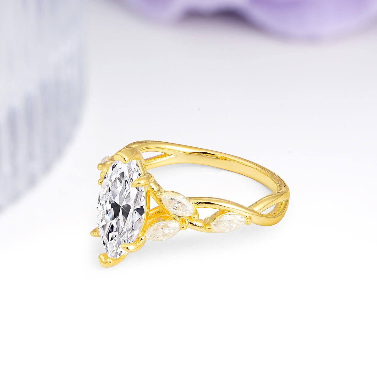 Elegant Forest Branch Multi Marquise Side Accent Long Marquise Cut Lab Diamond Engagement Ring - Additional view