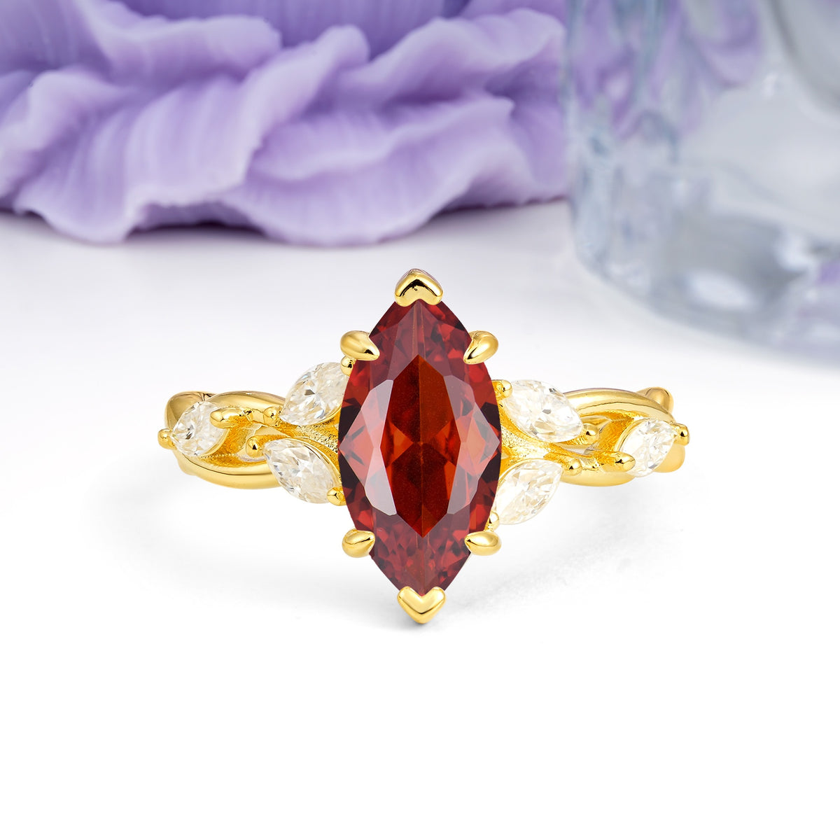Elegant Forest Branch Multi Marquise Side Accent Long Marquise Cut Garnet Engagement Ring - Additional view
