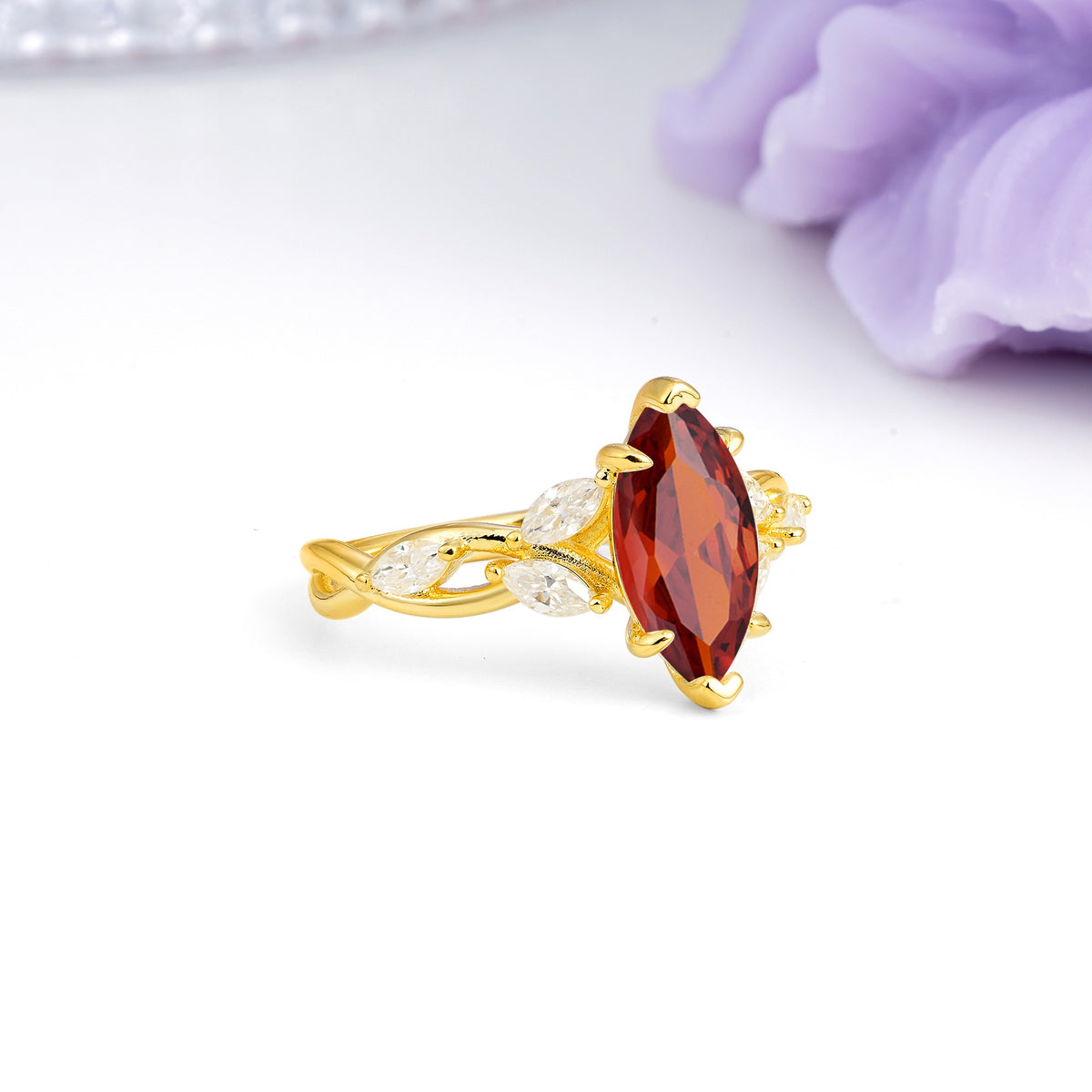 Elegant Forest Branch Multi Marquise Side Accent Long Marquise Cut Garnet Engagement Ring - Additional view
