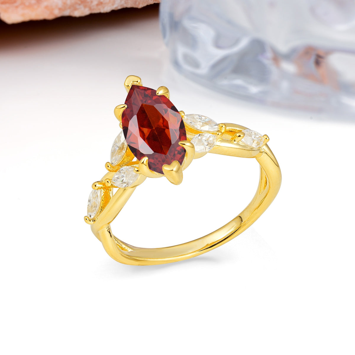 Elegant Forest Branch Multi Marquise Side Accent Long Marquise Cut Garnet Engagement Ring - Additional view