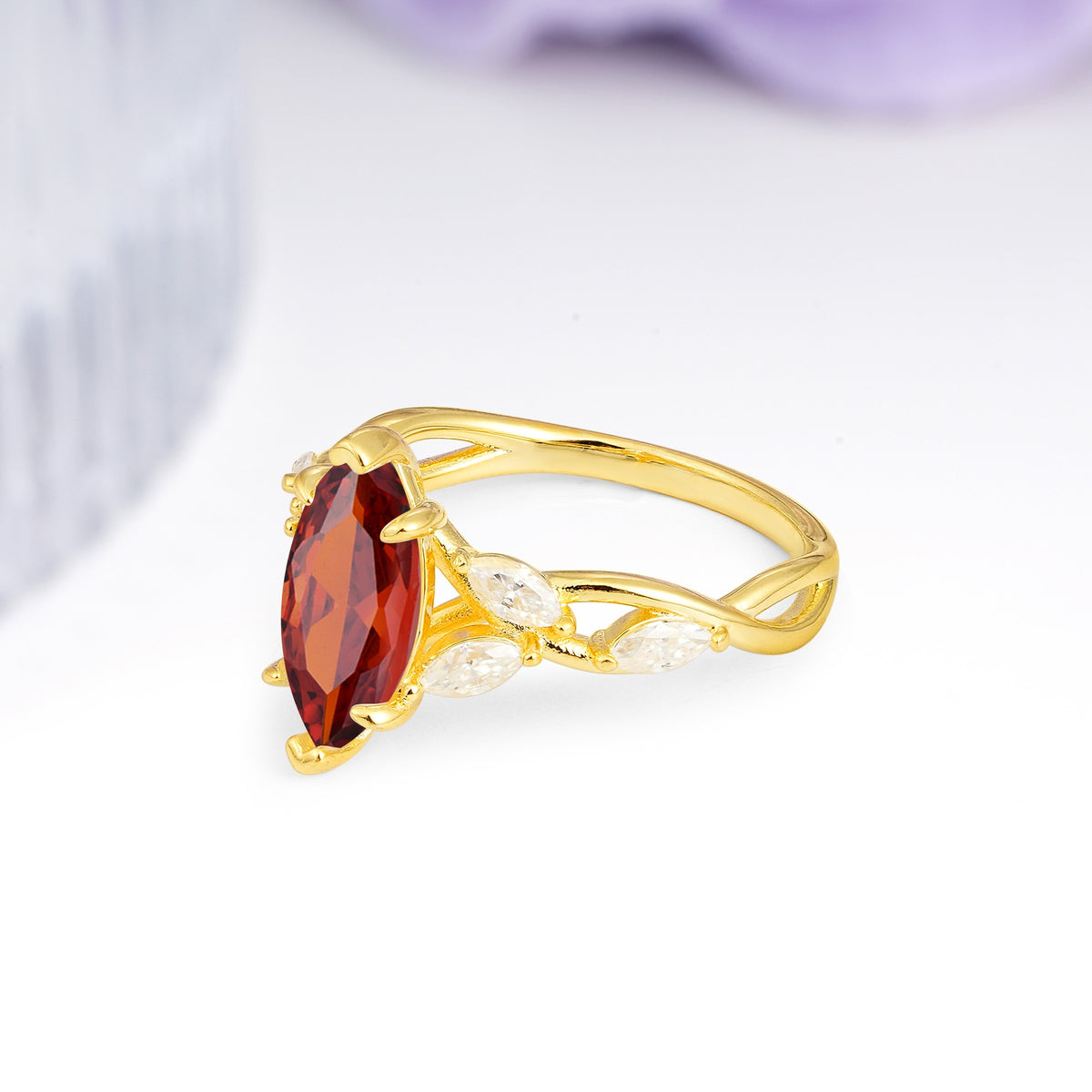 Elegant Forest Branch Multi Marquise Side Accent Long Marquise Cut Garnet Engagement Ring - Additional view