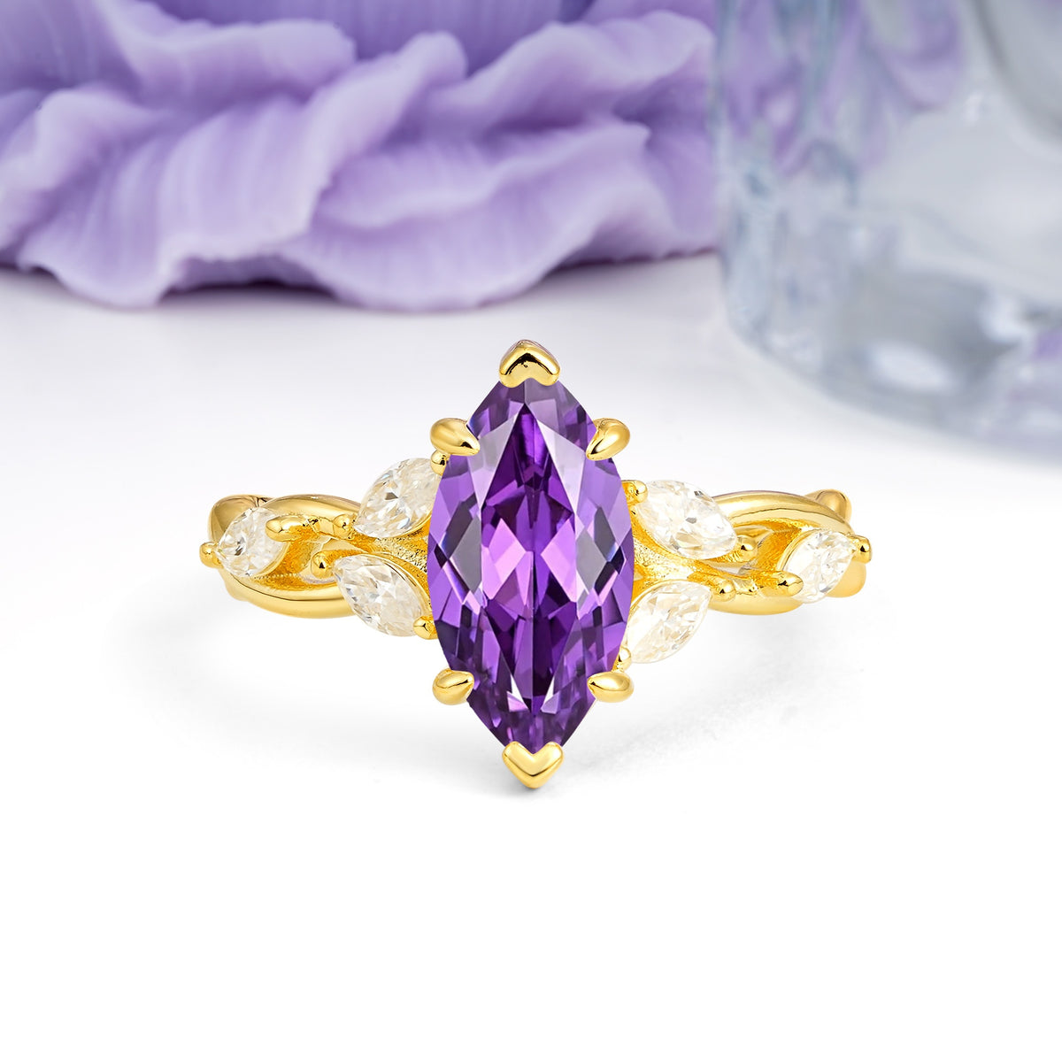 Elegant Forest Branch Multi Marquise Side Accent Long Marquise Cut Amethyst Engagement Ring - Additional view