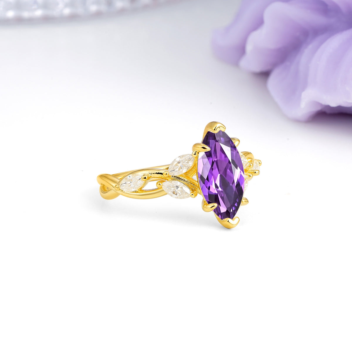 Elegant Forest Branch Multi Marquise Side Accent Long Marquise Cut Amethyst Engagement Ring - Additional view