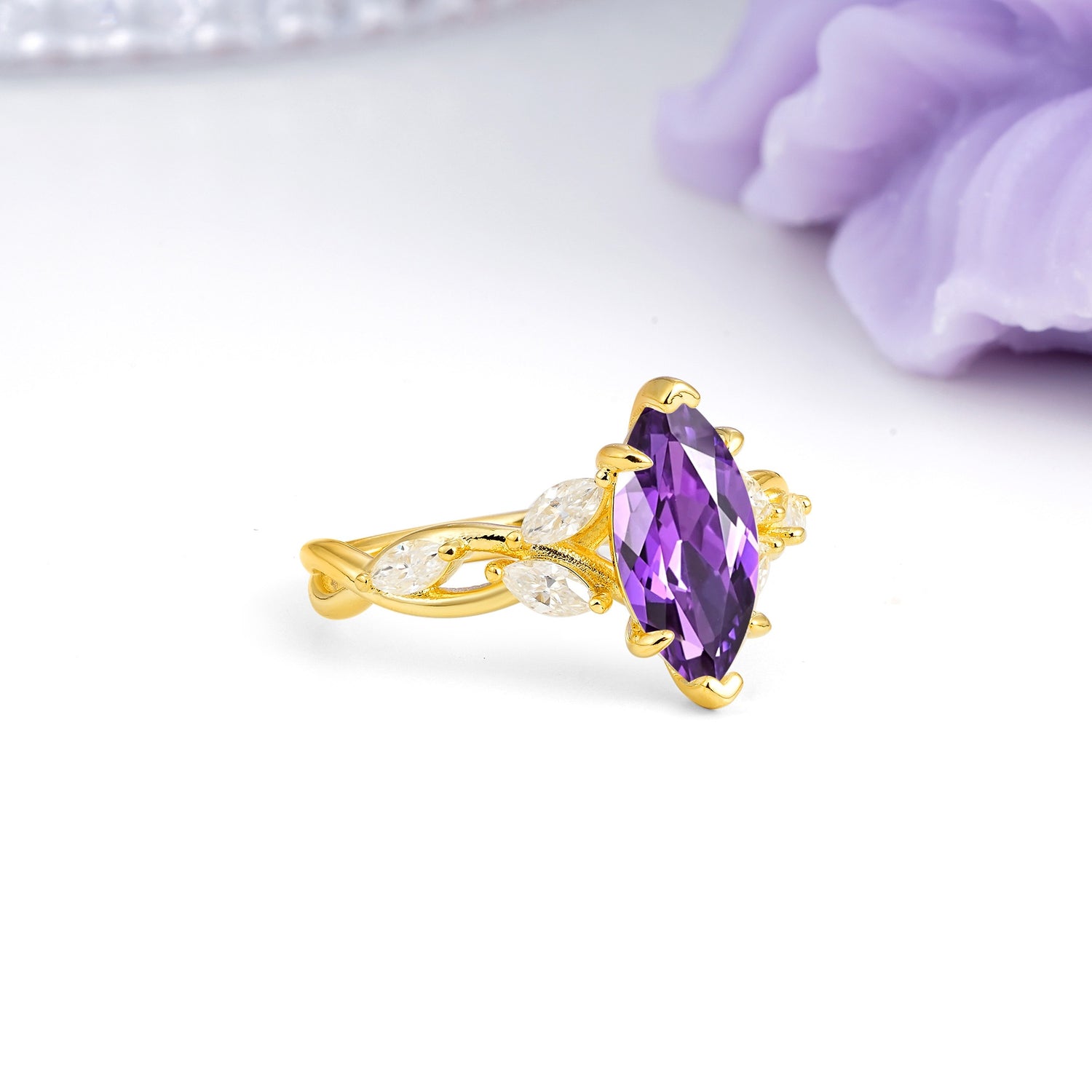 Elegant Forest Branch Multi Marquise Side Accent Long Marquise Cut Amethyst Engagement Ring - Additional view