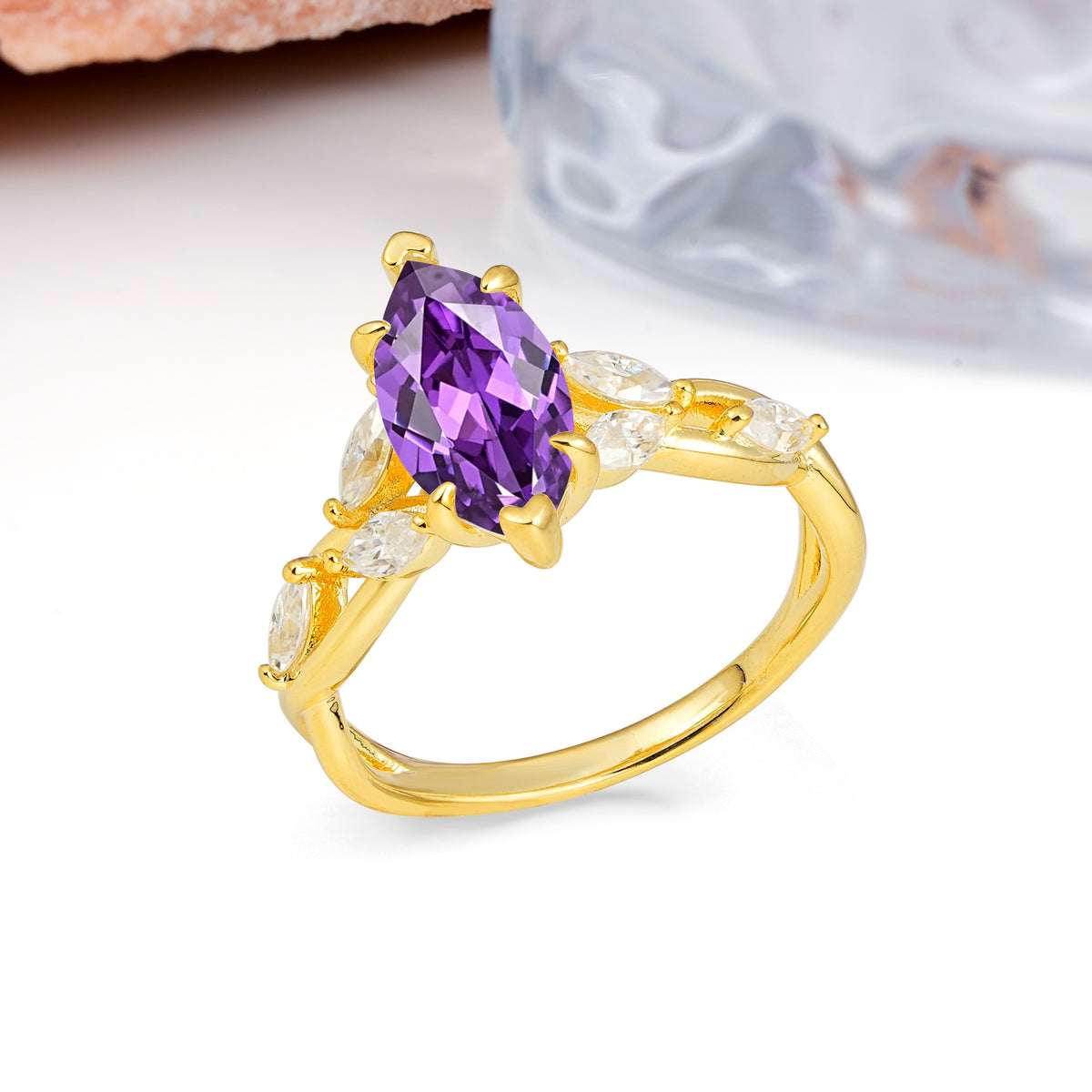 Elegant Forest Branch Multi Marquise Side Accent Long Marquise Cut Amethyst Engagement Ring - Additional view