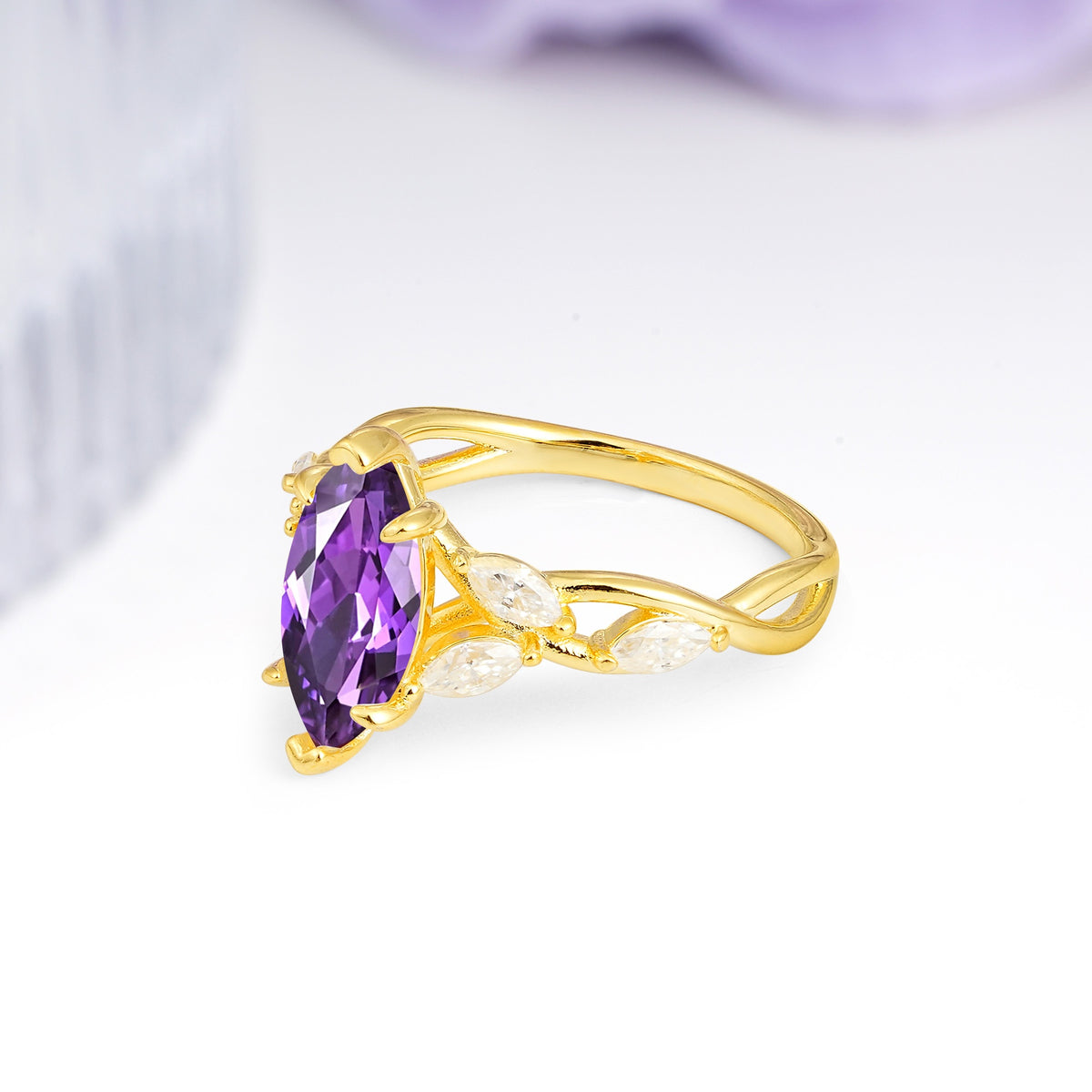 Elegant Forest Branch Multi Marquise Side Accent Long Marquise Cut Amethyst Engagement Ring - Additional view