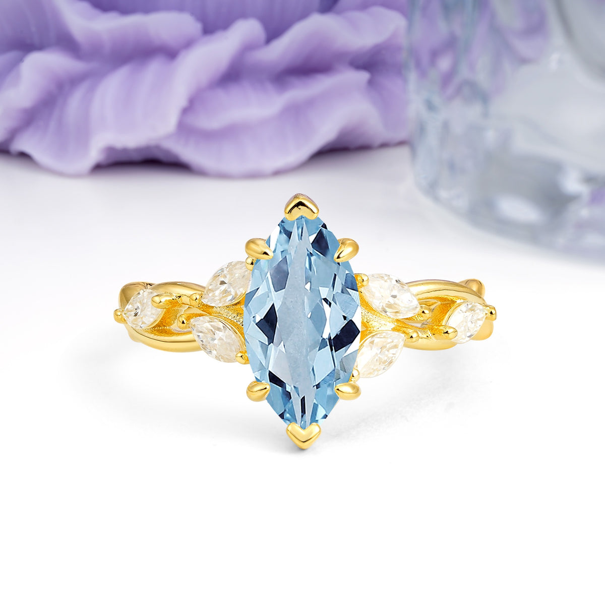 Elegant Forest Branch Multi Marquise Side Accent Long Marquise Cut Aquamarine Engagement Ring - Additional view