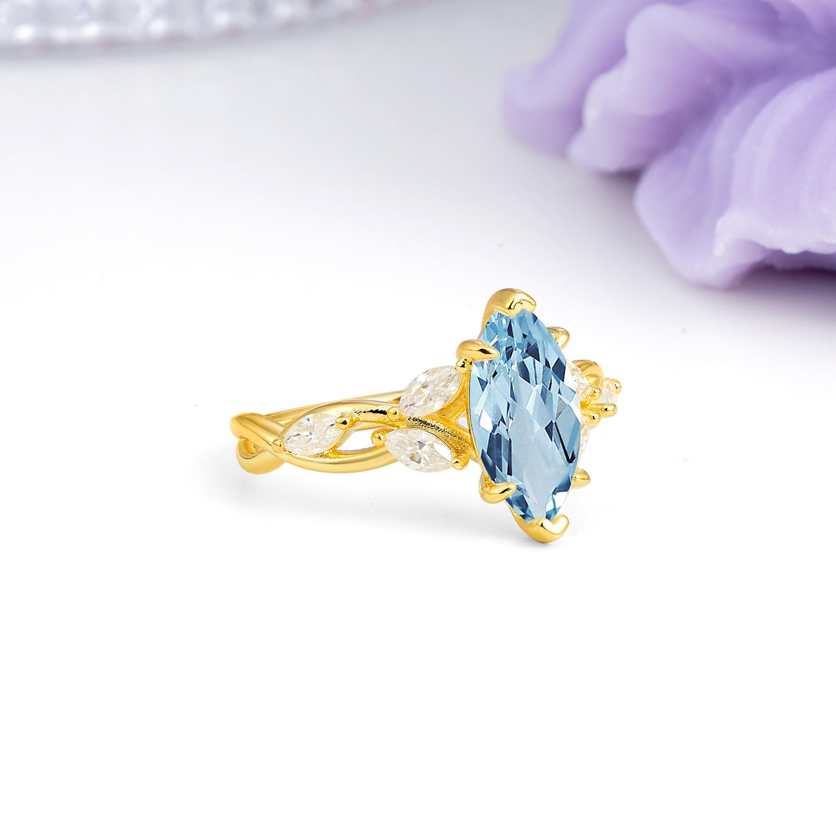 Elegant Forest Branch Multi Marquise Side Accent Long Marquise Cut Aquamarine Engagement Ring - Additional view