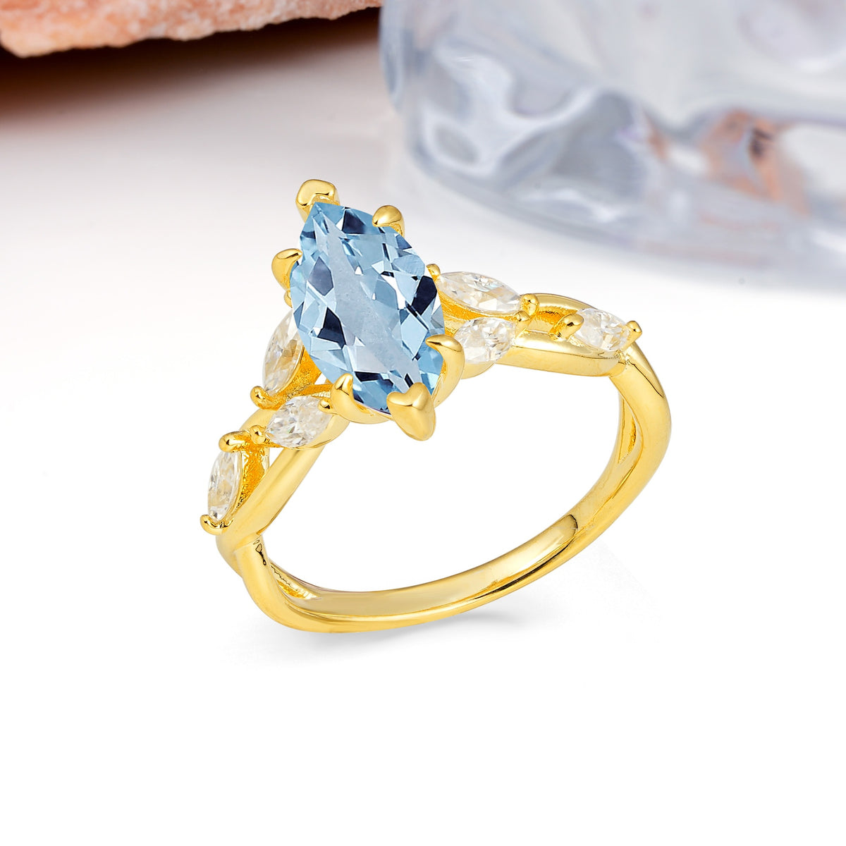 Elegant Forest Branch Multi Marquise Side Accent Long Marquise Cut Aquamarine Engagement Ring - Additional view