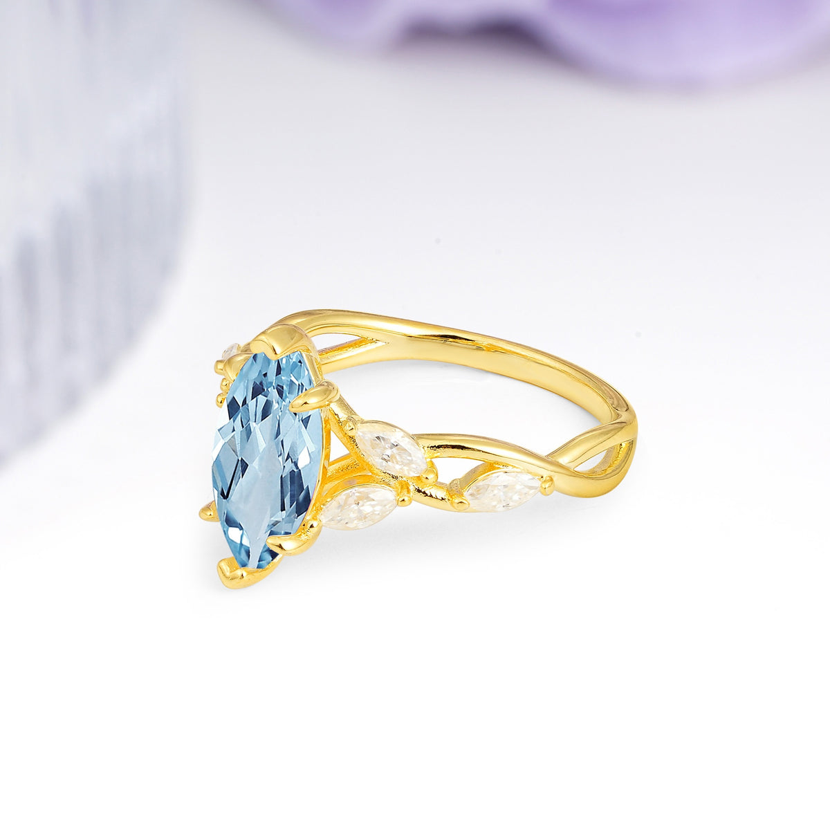 Elegant Forest Branch Multi Marquise Side Accent Long Marquise Cut Aquamarine Engagement Ring - Additional view