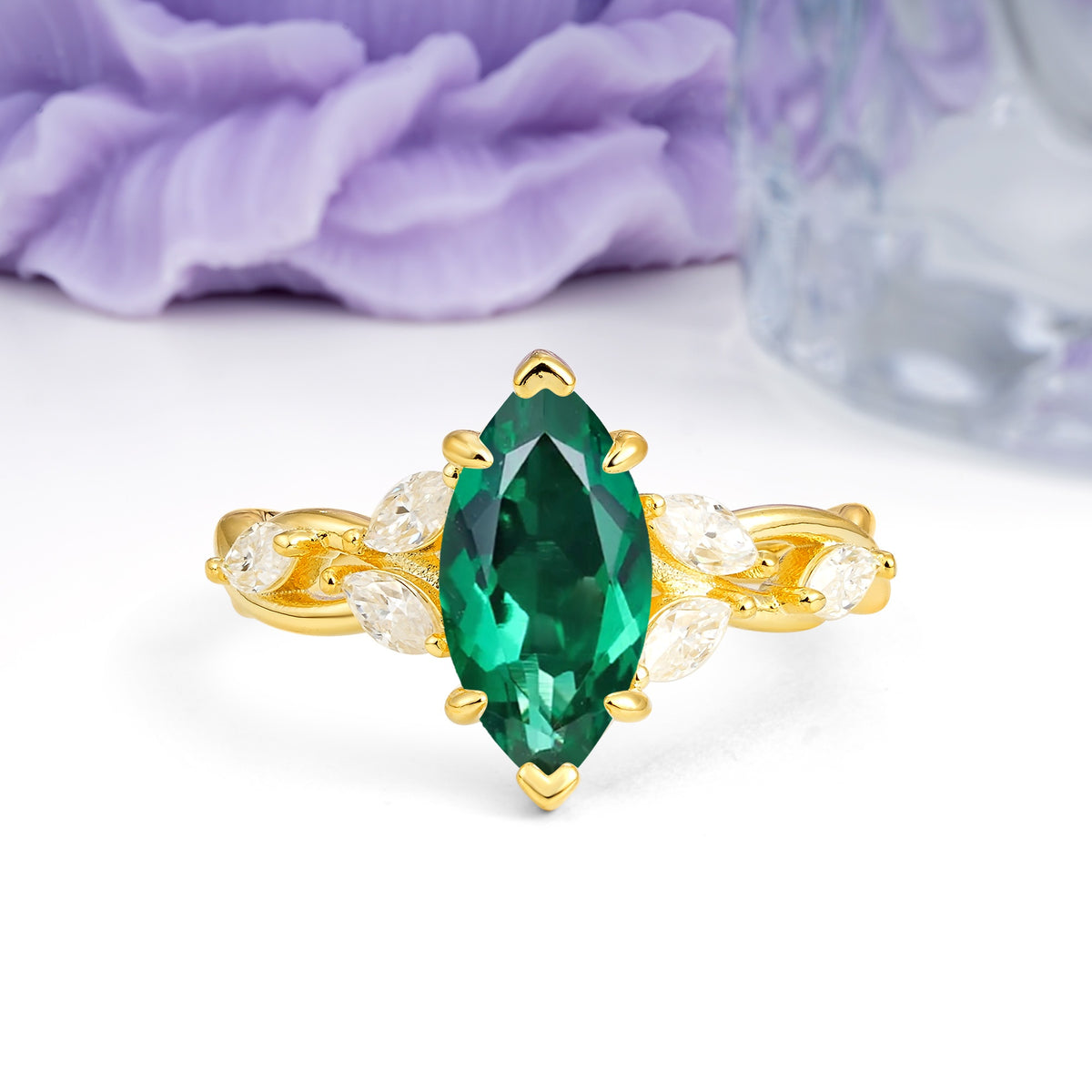 Elegant Forest Branch Multi Marquise Side Accent Long Marquise Cut Emerald Engagement Ring - Additional view