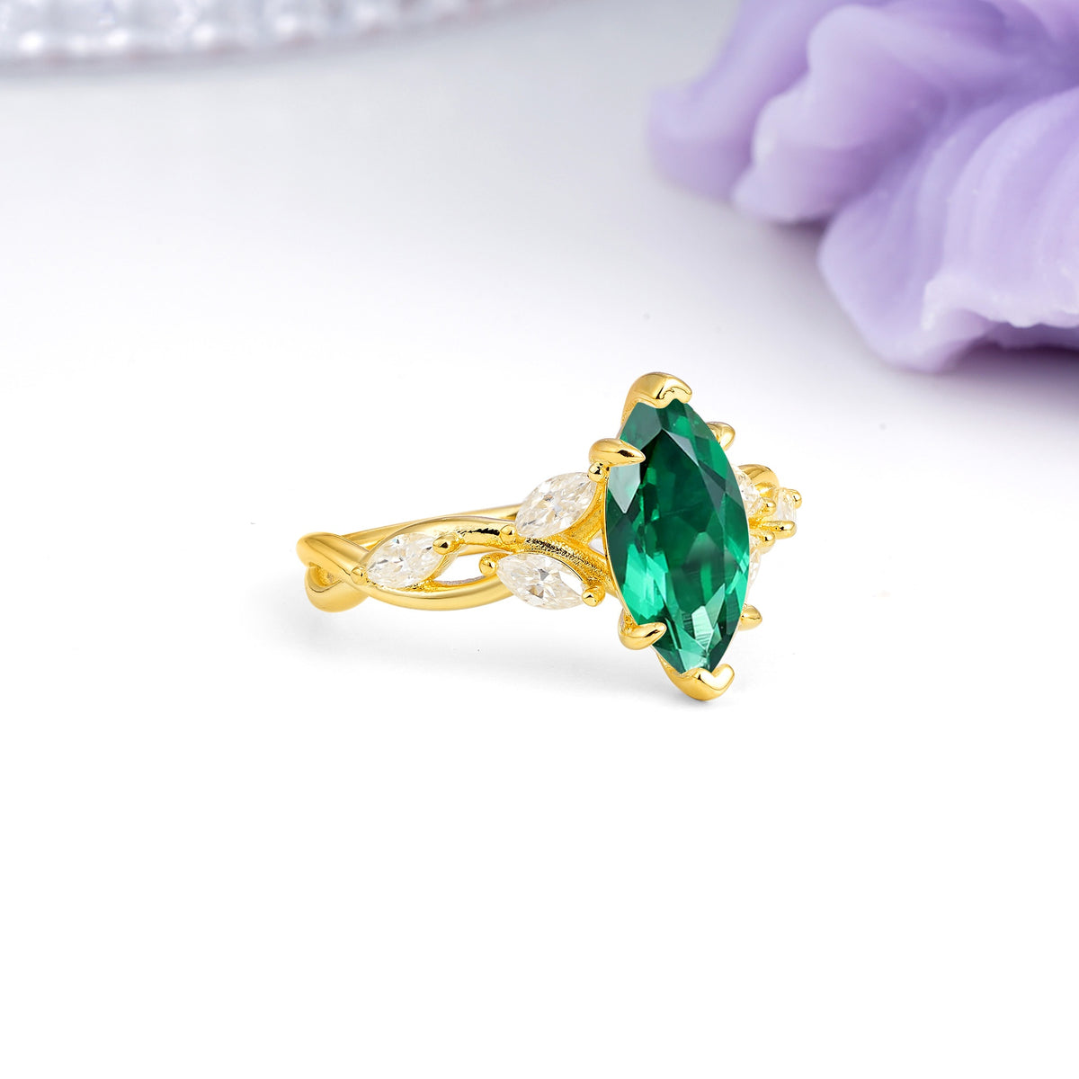 Elegant Forest Branch Multi Marquise Side Accent Long Marquise Cut Emerald Engagement Ring - Additional view