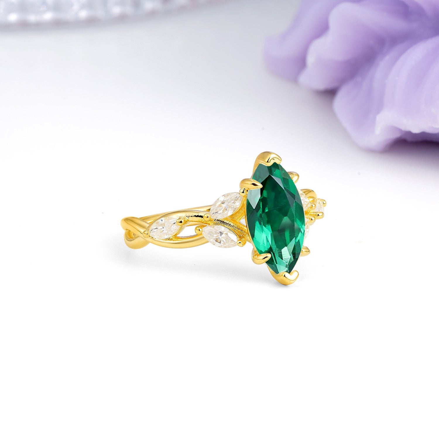 Elegant Forest Branch Multi Marquise Side Accent Long Marquise Cut Emerald Engagement Ring - Additional view