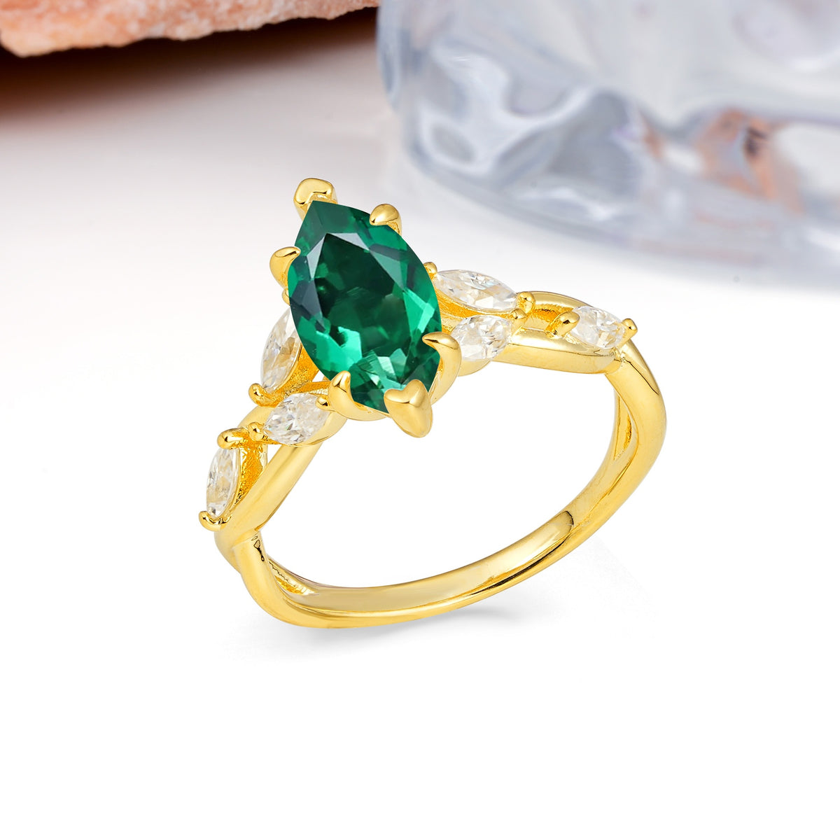 Elegant Forest Branch Multi Marquise Side Accent Long Marquise Cut Emerald Engagement Ring - Additional view