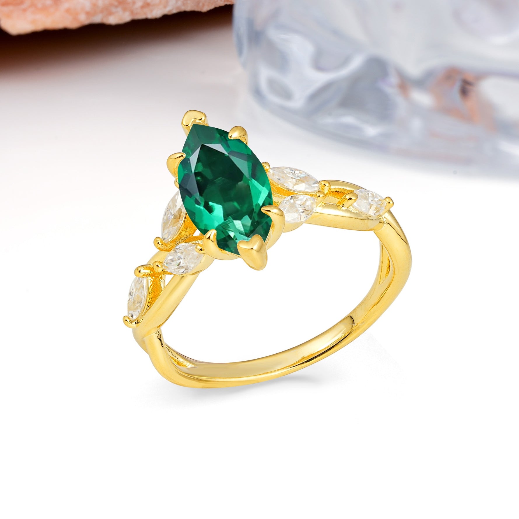 Elegant Forest Branch Multi Marquise Side Accent Long Marquise Cut Emerald Engagement Ring - Additional view