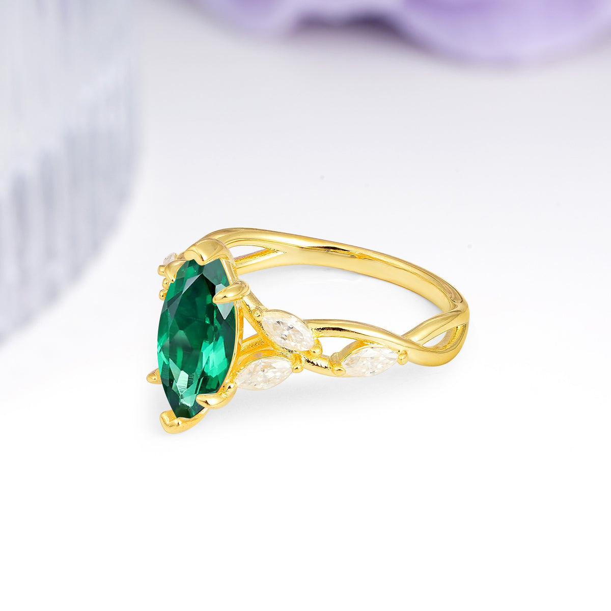 Elegant Forest Branch Multi Marquise Side Accent Long Marquise Cut Emerald Engagement Ring - Additional view