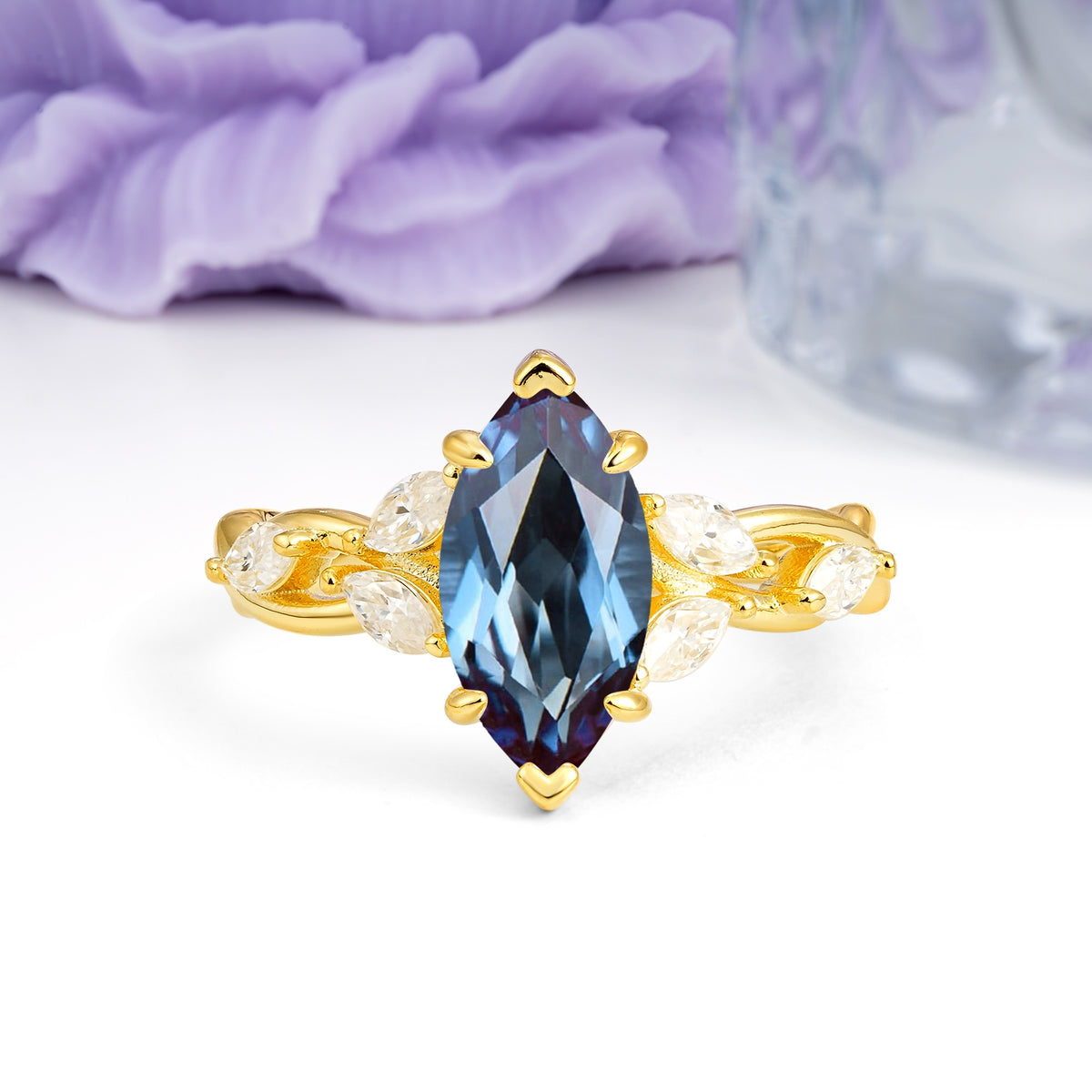 Elegant Forest Branch Multi Marquise Side Accent Long Marquise Cut Alexandrite Engagement Ring - Additional view
