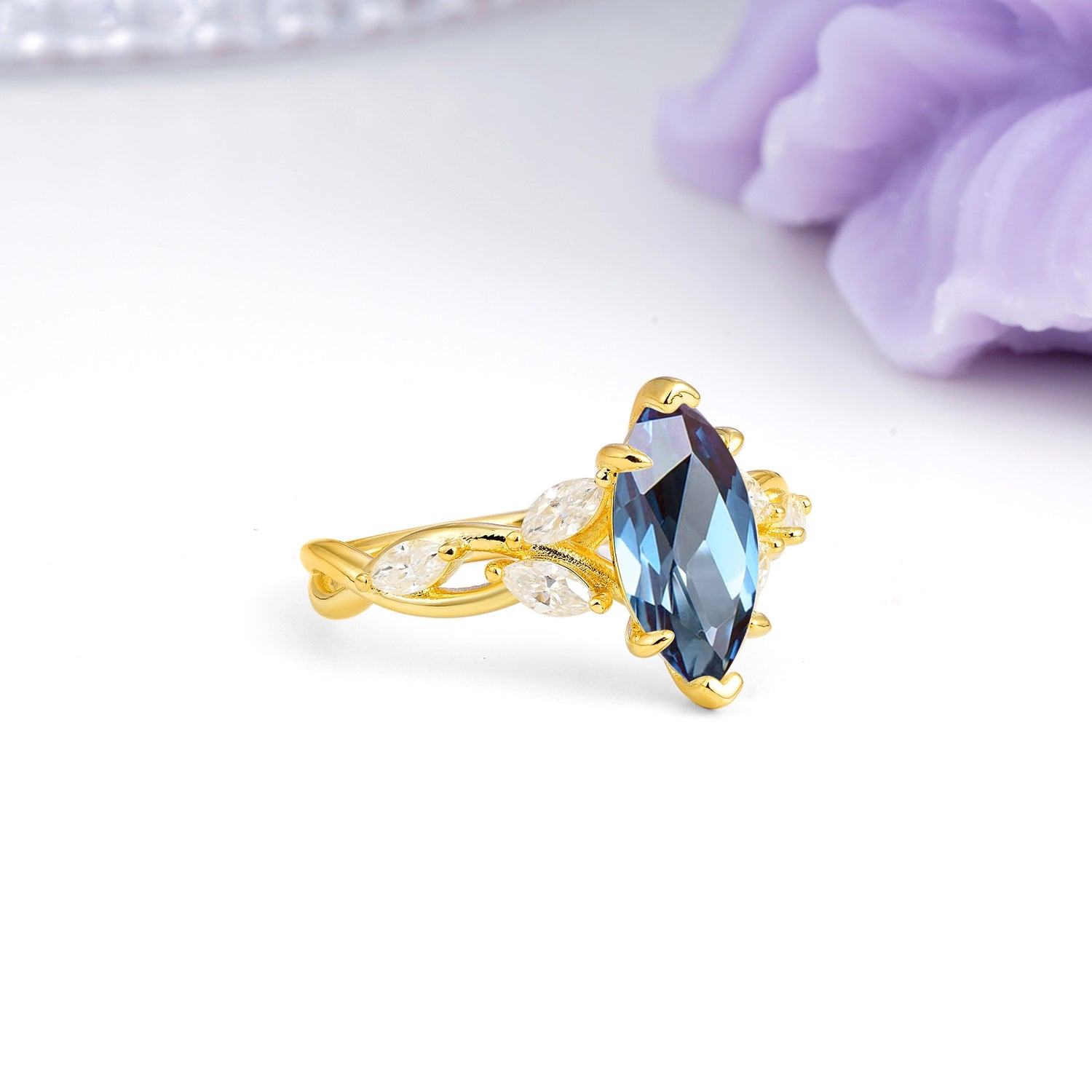 Elegant Forest Branch Multi Marquise Side Accent Long Marquise Cut Alexandrite Engagement Ring - Additional view