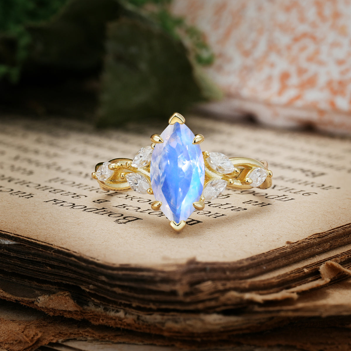Elegant Forest Branch Multi Marquise Side Accent Long Marquise Cut Moonstone Engagement Ring