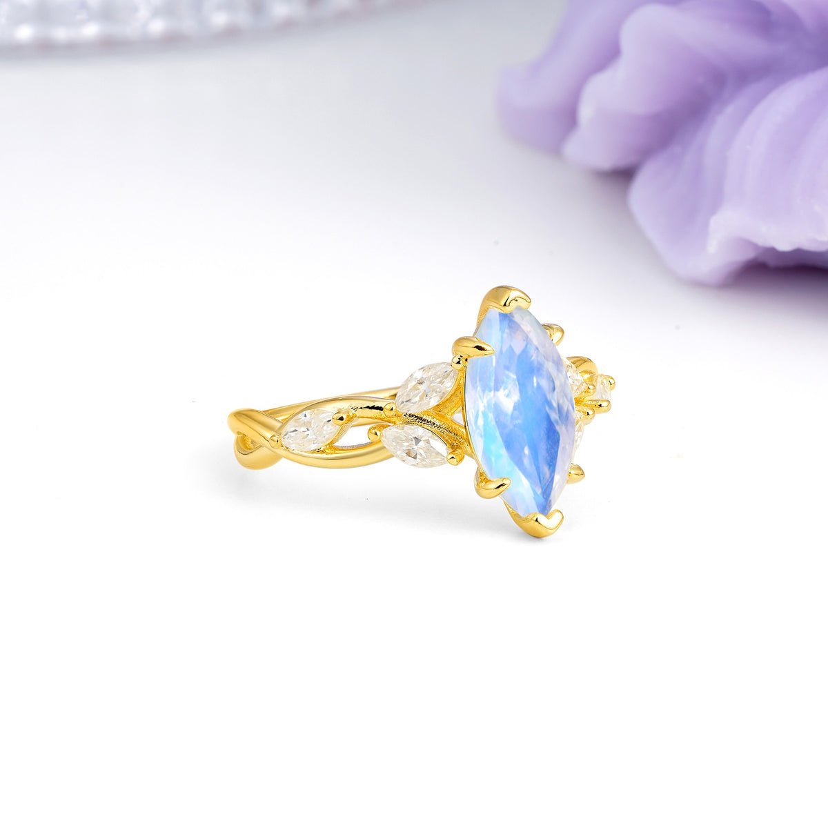 Elegant Forest Branch Multi Marquise Side Accent Long Marquise Cut Moonstone Engagement Ring - Additional view