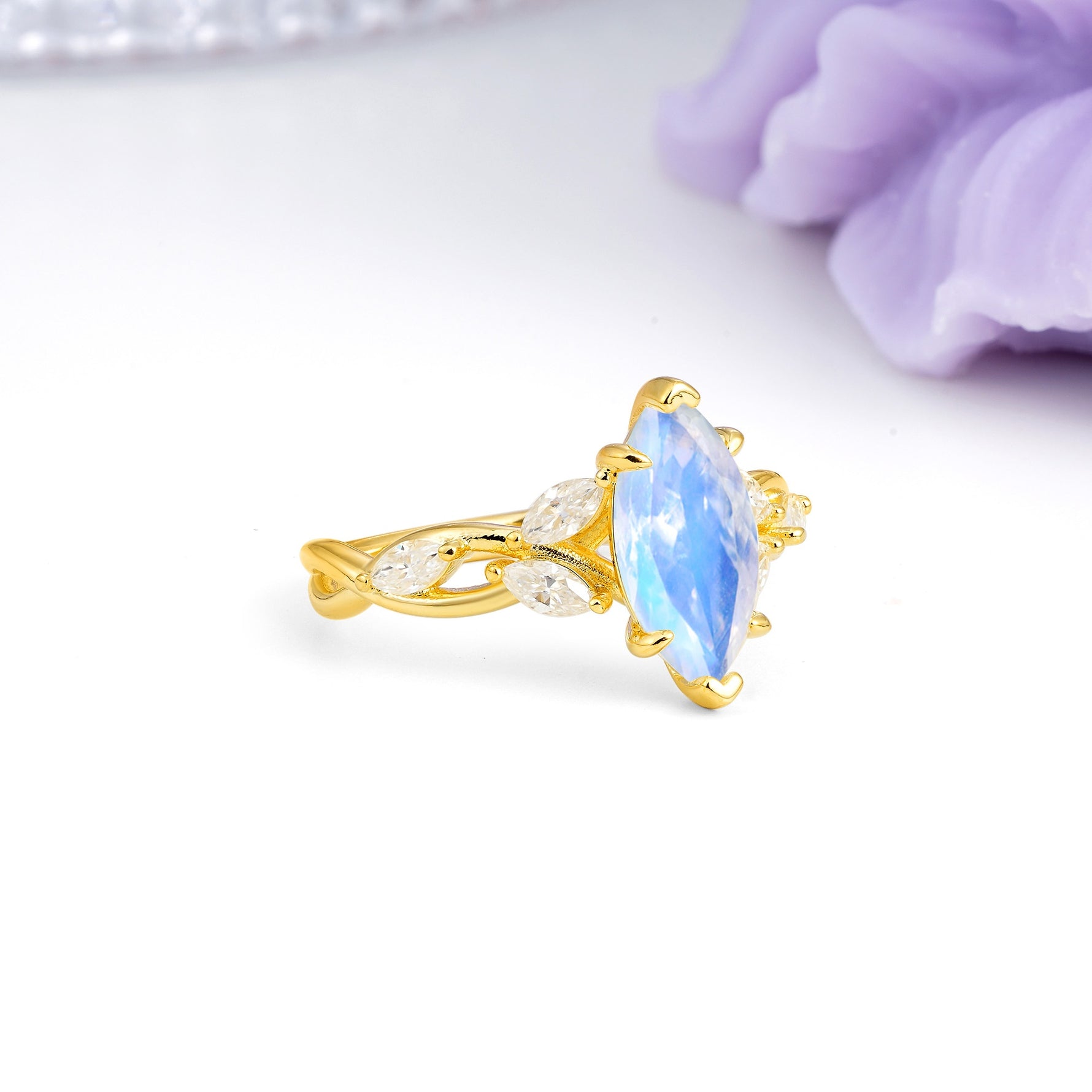Elegant Forest Branch Multi Marquise Side Accent Long Marquise Cut Moonstone Engagement Ring - Additional view