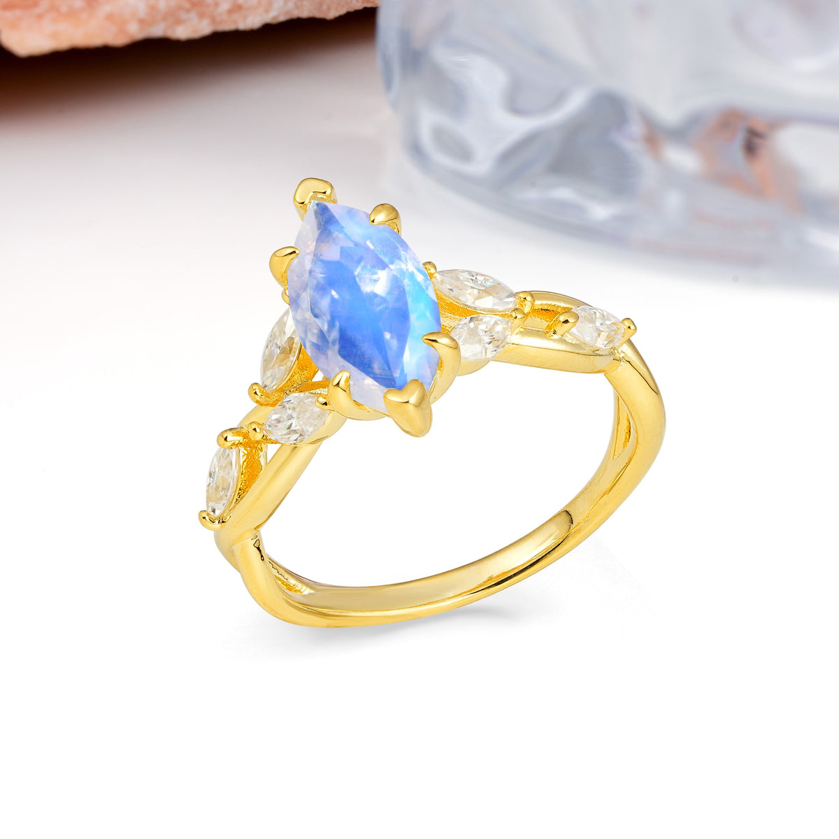 Elegant Forest Branch Multi Marquise Side Accent Long Marquise Cut Moonstone Engagement Ring - Additional view