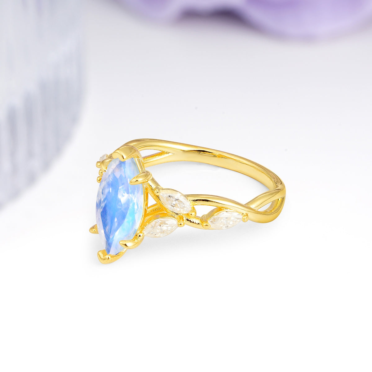 Elegant Forest Branch Multi Marquise Side Accent Long Marquise Cut Moonstone Engagement Ring - Additional view