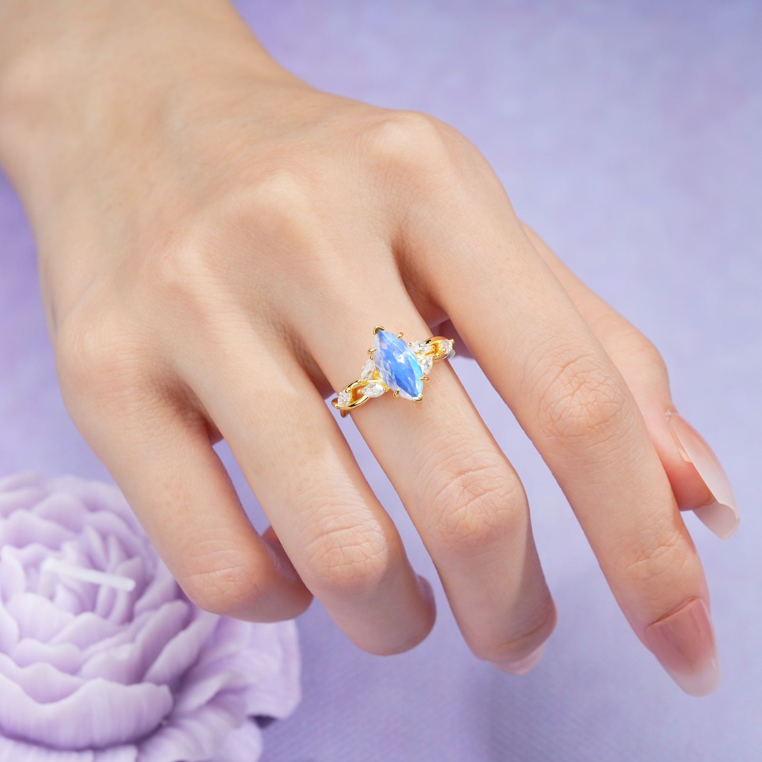 Elegant Forest Branch Multi Marquise Side Accent Long Marquise Cut Moonstone Engagement Ring