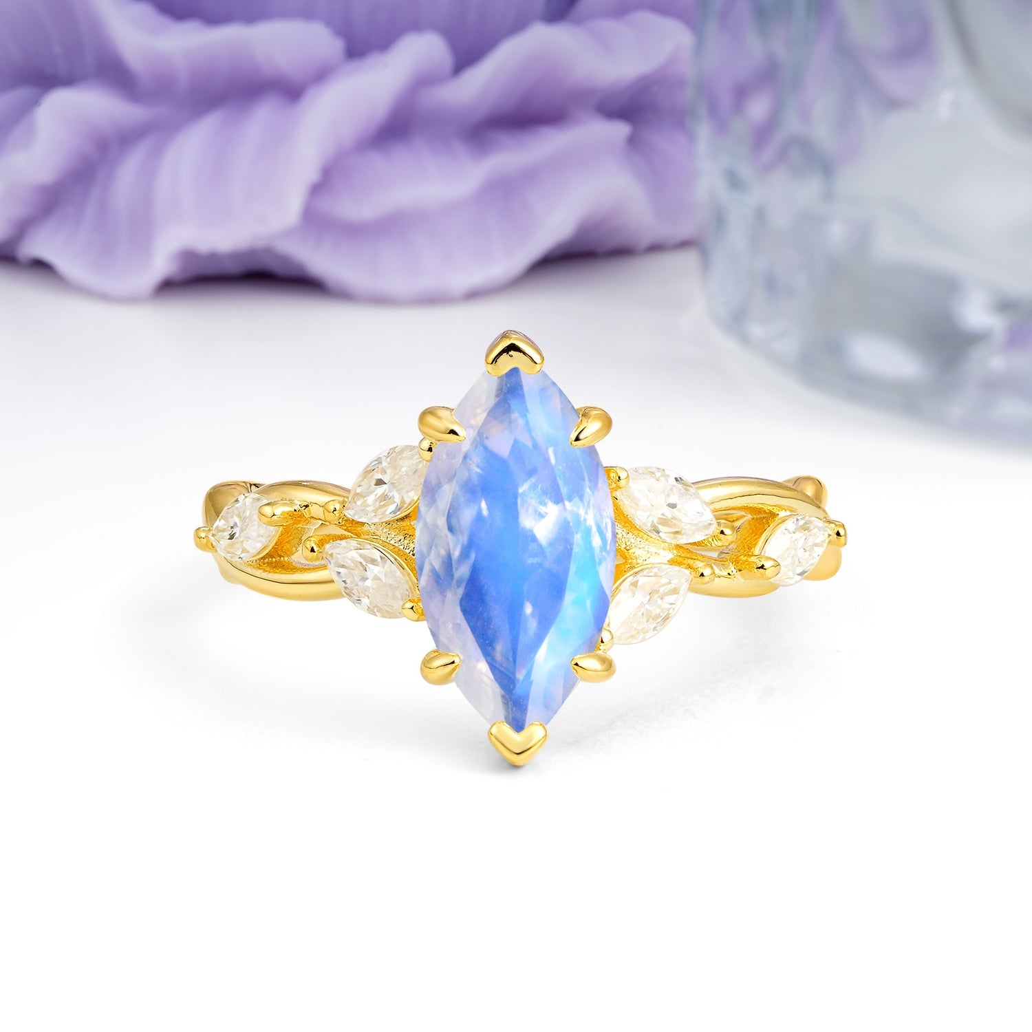 Elegant Forest Branch Multi Marquise Side Accent Long Marquise Cut Moonstone Engagement Ring