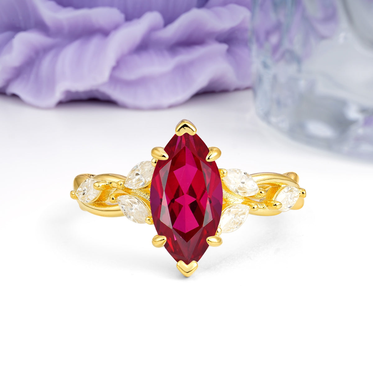 Elegant Forest Branch Multi Marquise Side Accent Long Marquise Cut Ruby Engagement Ring - Additional view