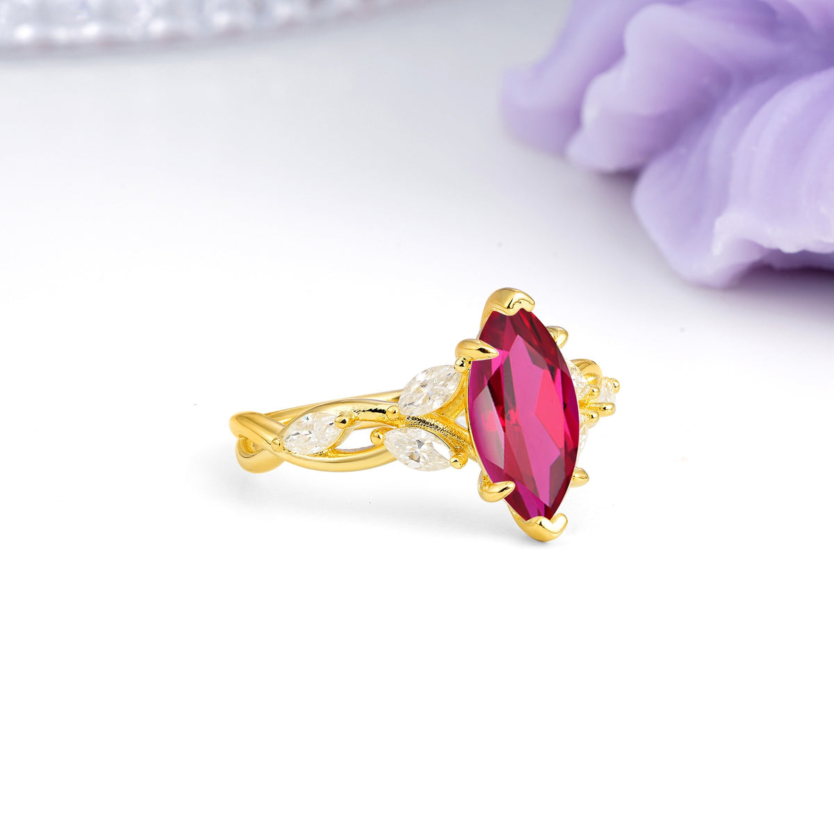 Elegant Forest Branch Multi Marquise Side Accent Long Marquise Cut Ruby Engagement Ring - Additional view