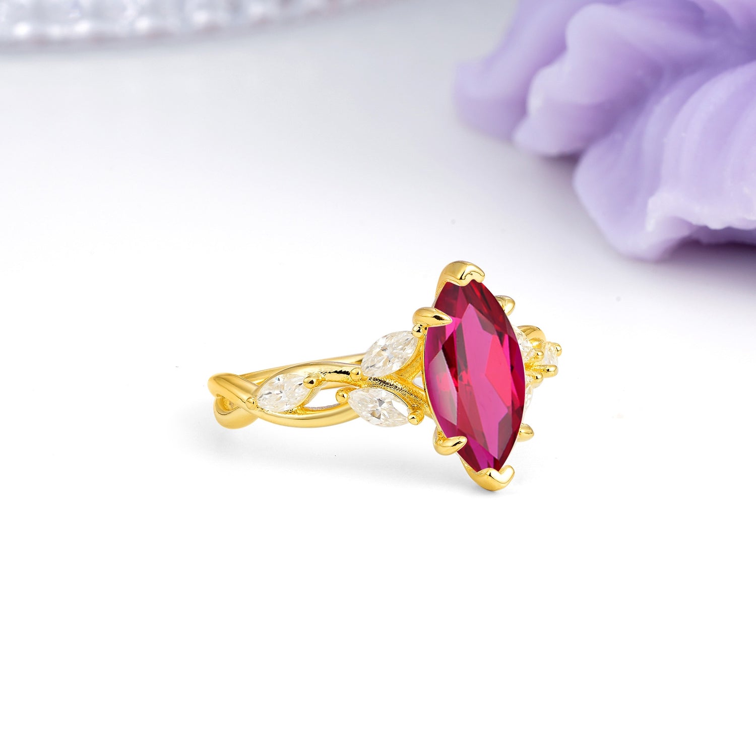 Elegant Forest Branch Multi Marquise Side Accent Long Marquise Cut Ruby Engagement Ring - Additional view