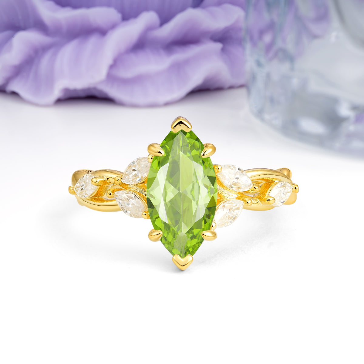 Elegant Forest Branch Multi Marquise Side Accent Long Marquise Cut Peridot Engagement Ring - Additional view