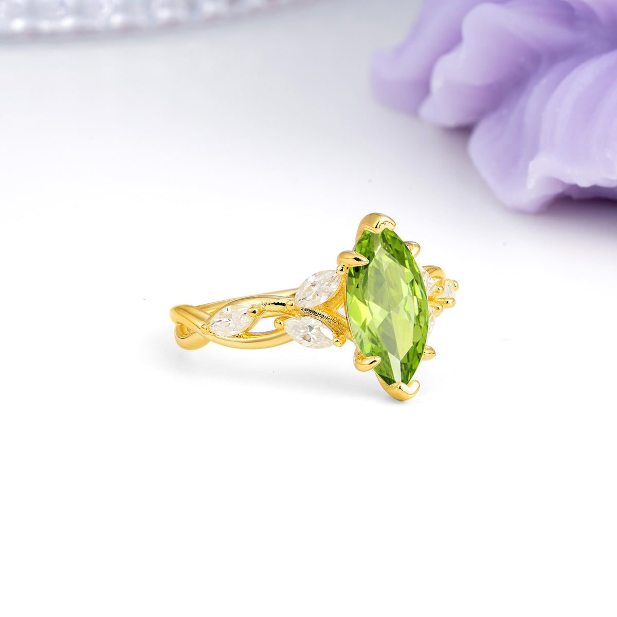 Elegant Forest Branch Multi Marquise Side Accent Long Marquise Cut Peridot Engagement Ring - Additional view