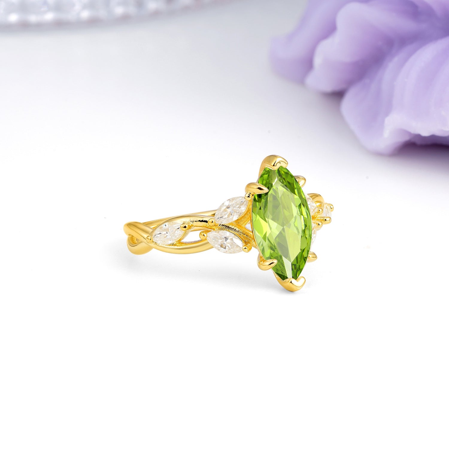 Elegant Forest Branch Multi Marquise Side Accent Long Marquise Cut Peridot Engagement Ring - Additional view