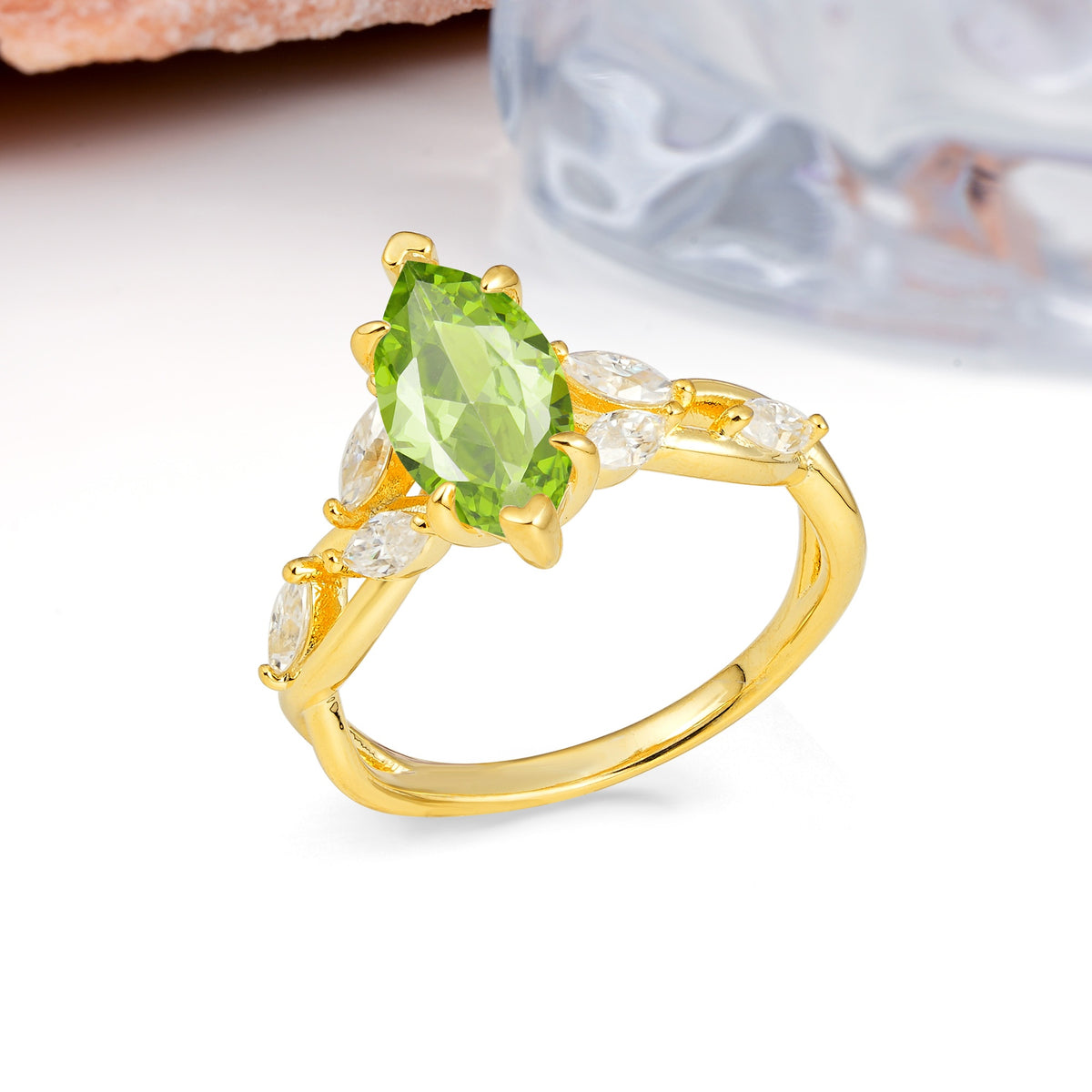 Elegant Forest Branch Multi Marquise Side Accent Long Marquise Cut Peridot Engagement Ring - Additional view