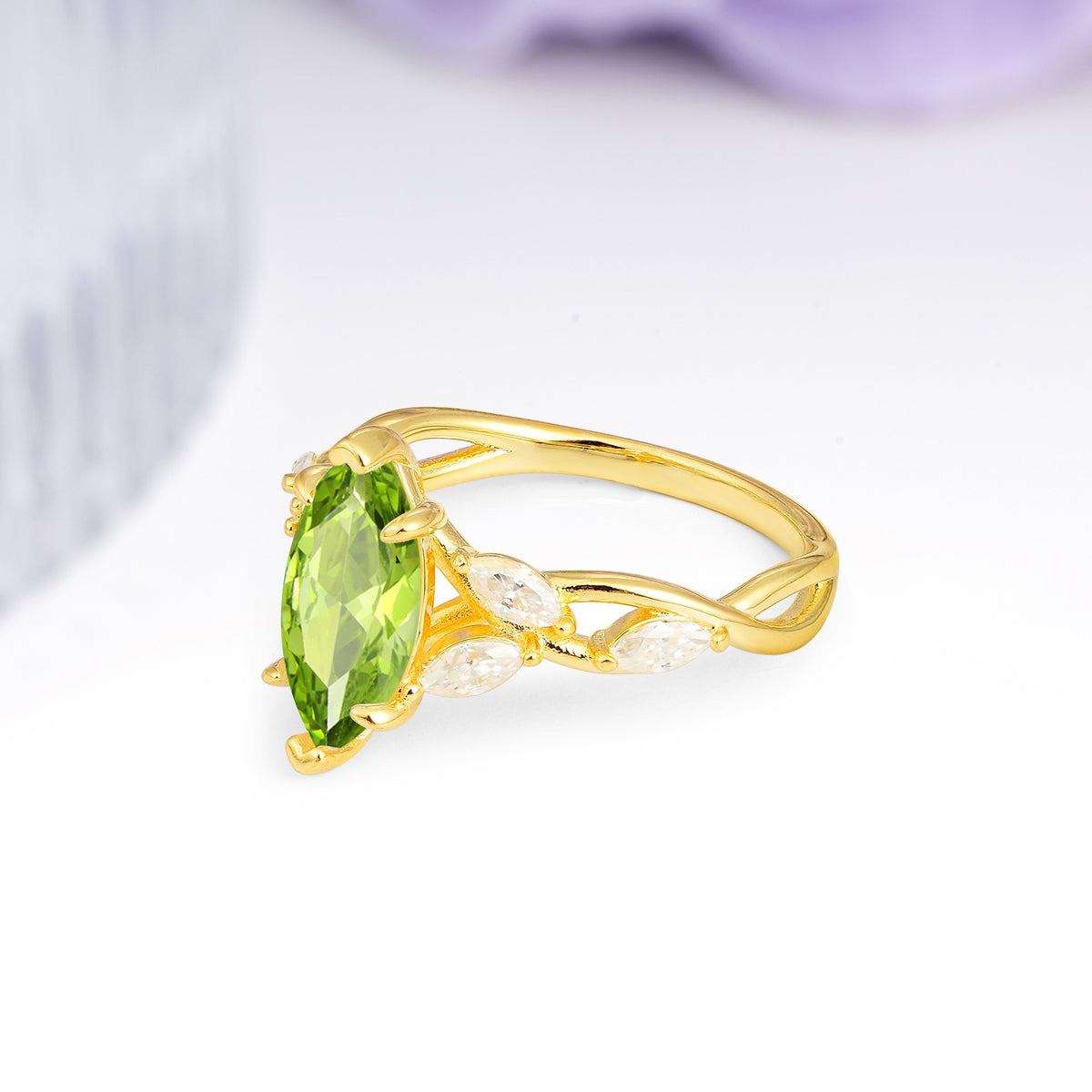 Elegant Forest Branch Multi Marquise Side Accent Long Marquise Cut Peridot Engagement Ring - Additional view