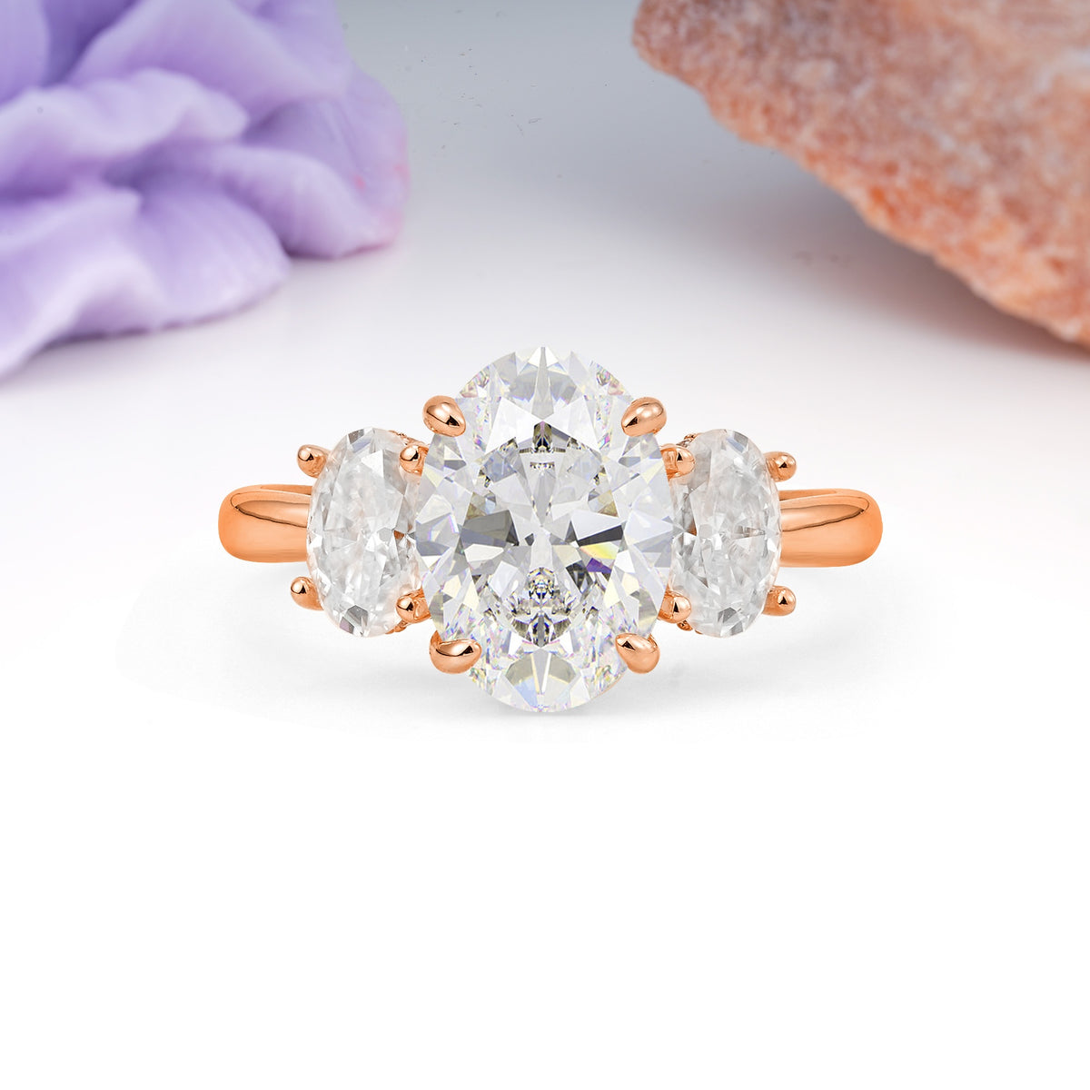 Three Stone Oval Center Solitaire Symmetric Oval Cut Side Ball Prong Smooth Shank Moissanite Engagement Ring - Additional view