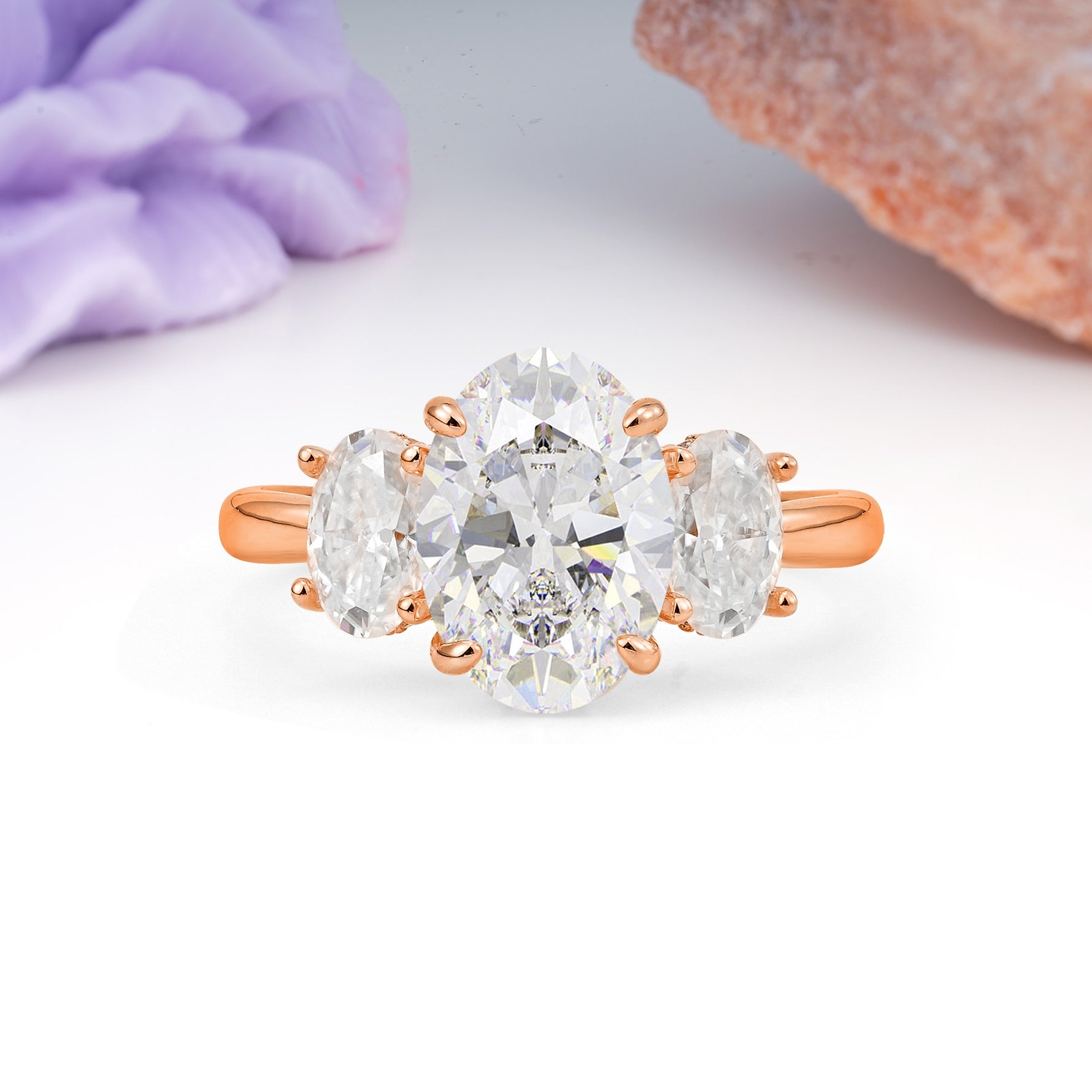 Three Stone Oval Center Solitaire Symmetric Oval Cut Side Ball Prong Smooth Shank Moissanite Engagement Ring - Additional view