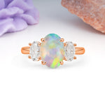 Three Stone Oval Center Solitaire Symmetric Oval Cut Side Ball Prong Smooth Shank Fire Opal Engagement Ring - Additional view