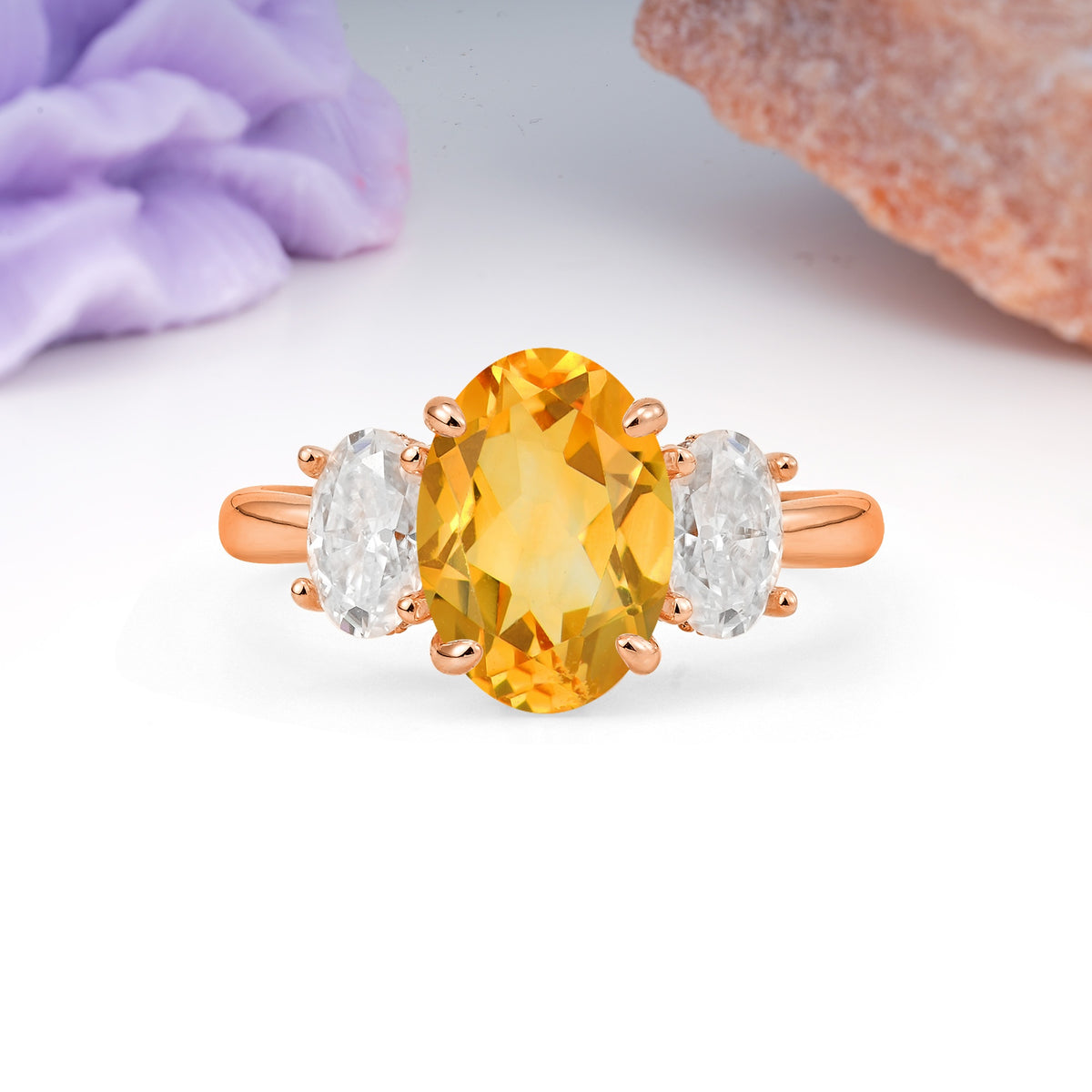 Three Stone Oval Center Solitaire Symmetric Oval Cut Side Ball Prong Smooth Shank Citrine Engagement Ring - Additional view
