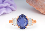Three Stone Oval Center Solitaire Symmetric Oval Cut Side Ball Prong Smooth Shank Tanzanite Engagement Ring - Additional view