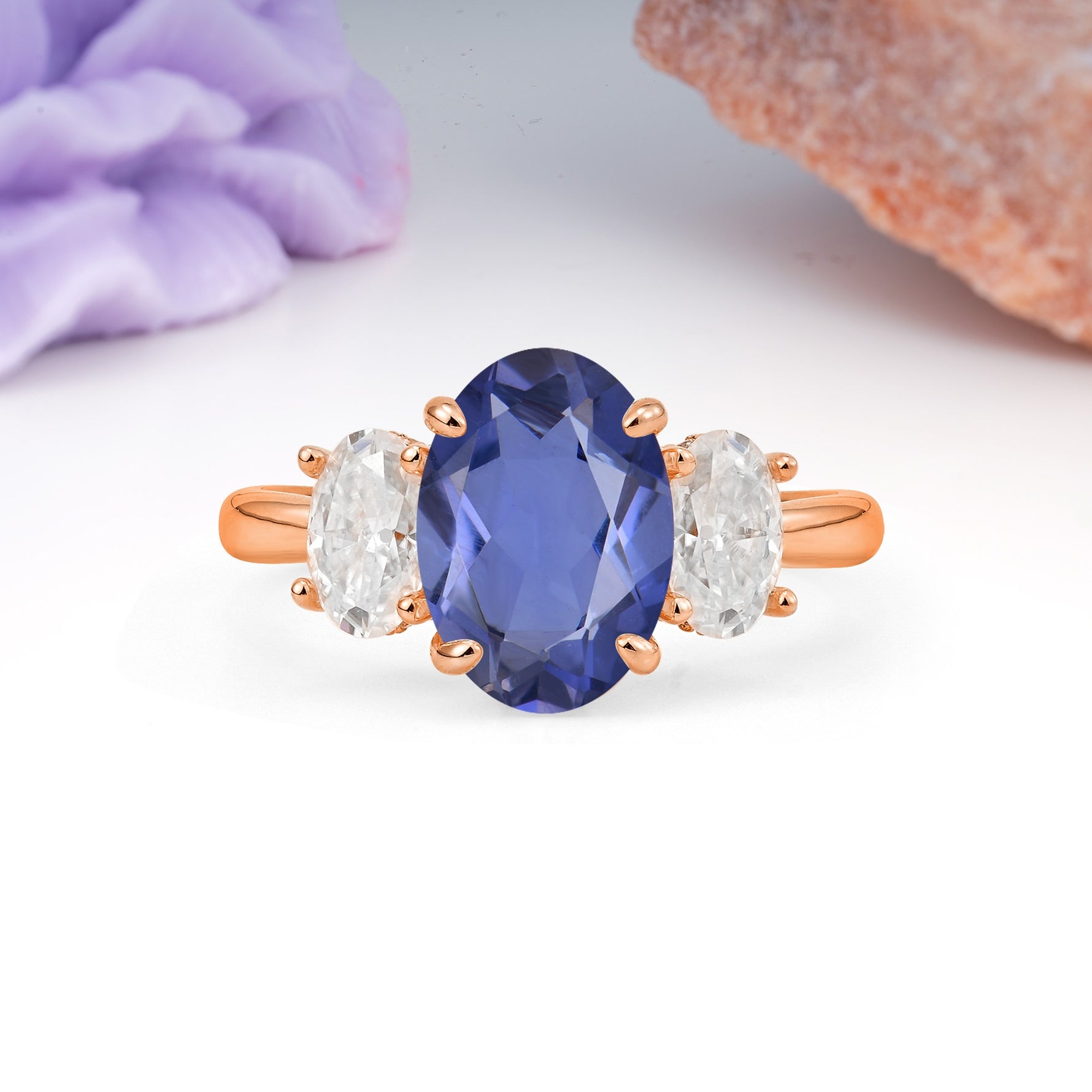 Three Stone Oval Center Solitaire Symmetric Oval Cut Side Ball Prong Smooth Shank Tanzanite Engagement Ring - Additional view