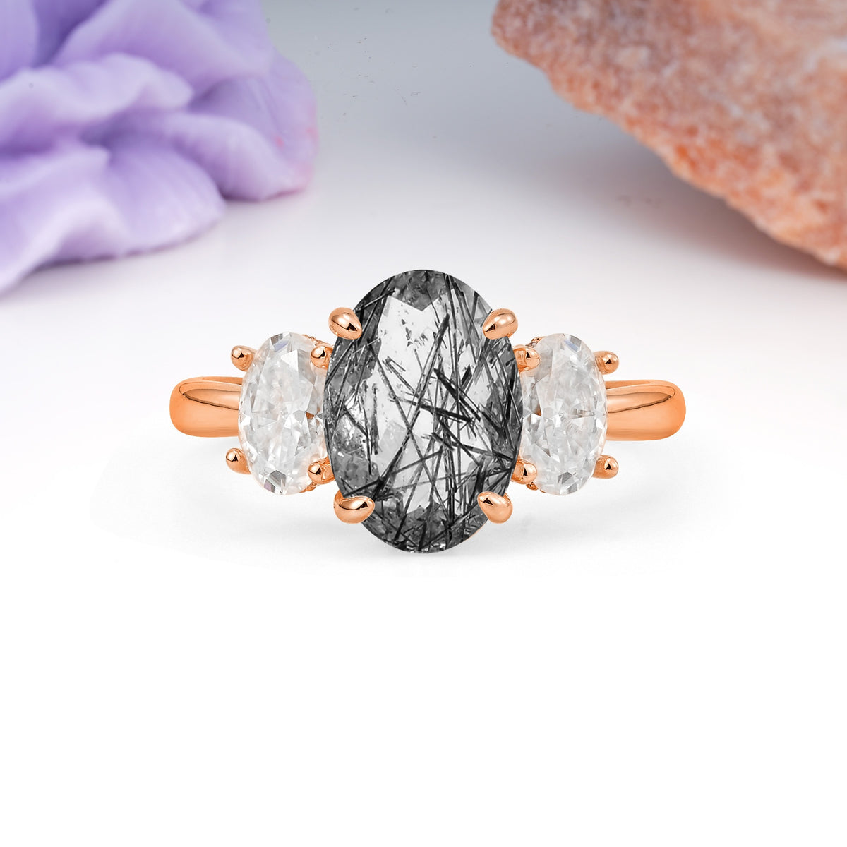 Three Stone Oval Center Solitaire Symmetric Oval Cut Side Ball Prong Smooth Shank Black Rutilated Quartz Engagement Ring - Additional view