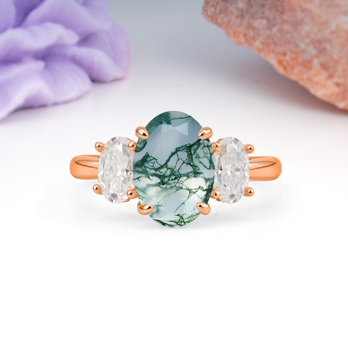 Three Stone Oval Center Solitaire Symmetric Oval Cut Side Ball Prong Smooth Shank Moss Agate Engagement Ring - Additional view