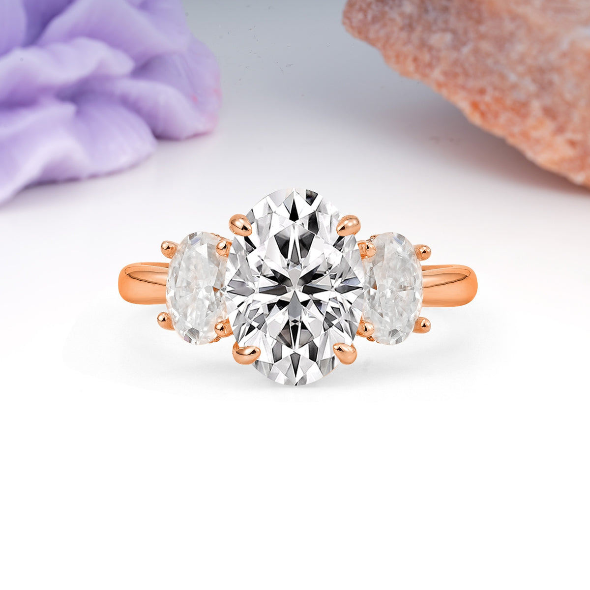 Three Stone Oval Center Solitaire Symmetric Oval Cut Side Ball Prong Smooth Shank Lab Diamond Engagement Ring - Additional view