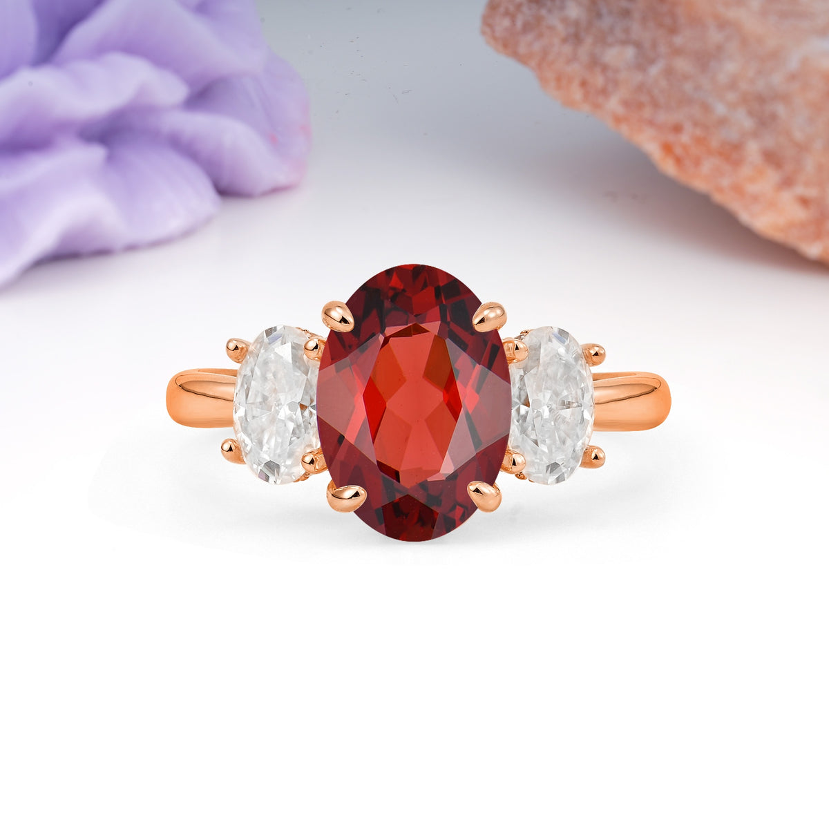 Three Stone Oval Center Solitaire Symmetric Oval Cut Side Ball Prong Smooth Shank Garnet Engagement Ring - Additional view