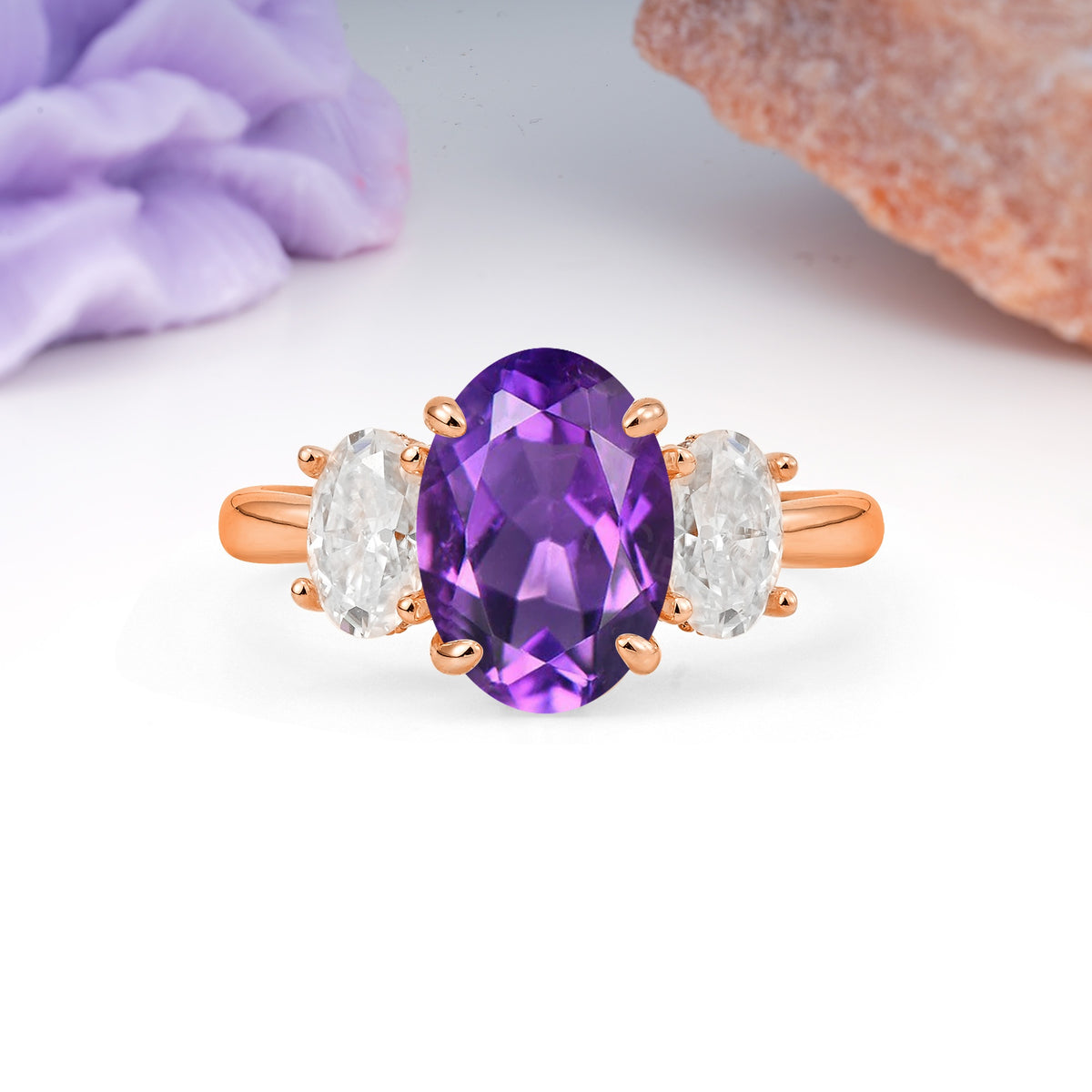 Three Stone Oval Center Solitaire Symmetric Oval Cut Side Ball Prong Smooth Shank Amethyst Engagement Ring - Additional view