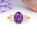 Three Stone Oval Center Solitaire Symmetric Oval Cut Side Ball Prong Smooth Shank Amethyst Engagement Ring - Additional view